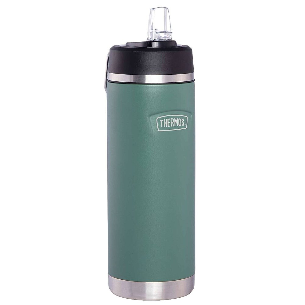 Beyaz arka planda siyah kapaklı ve şeffaf ağızlıklı yeşil bir Thermos matara.