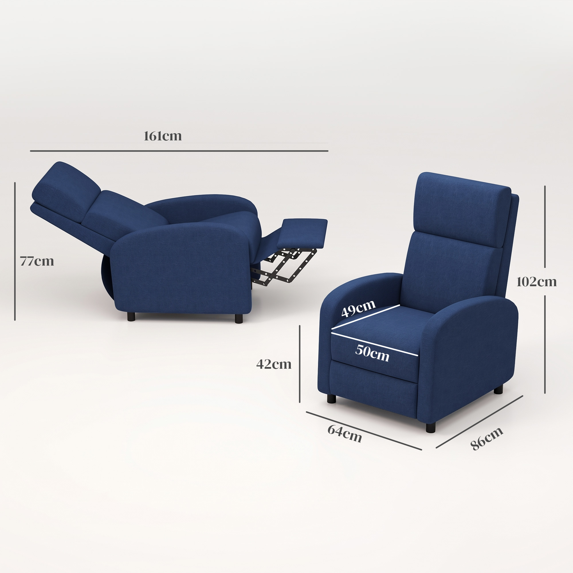 Dos sillones azules con medidas sobre fondo claro, uno en posición vertical y otro reclinado.