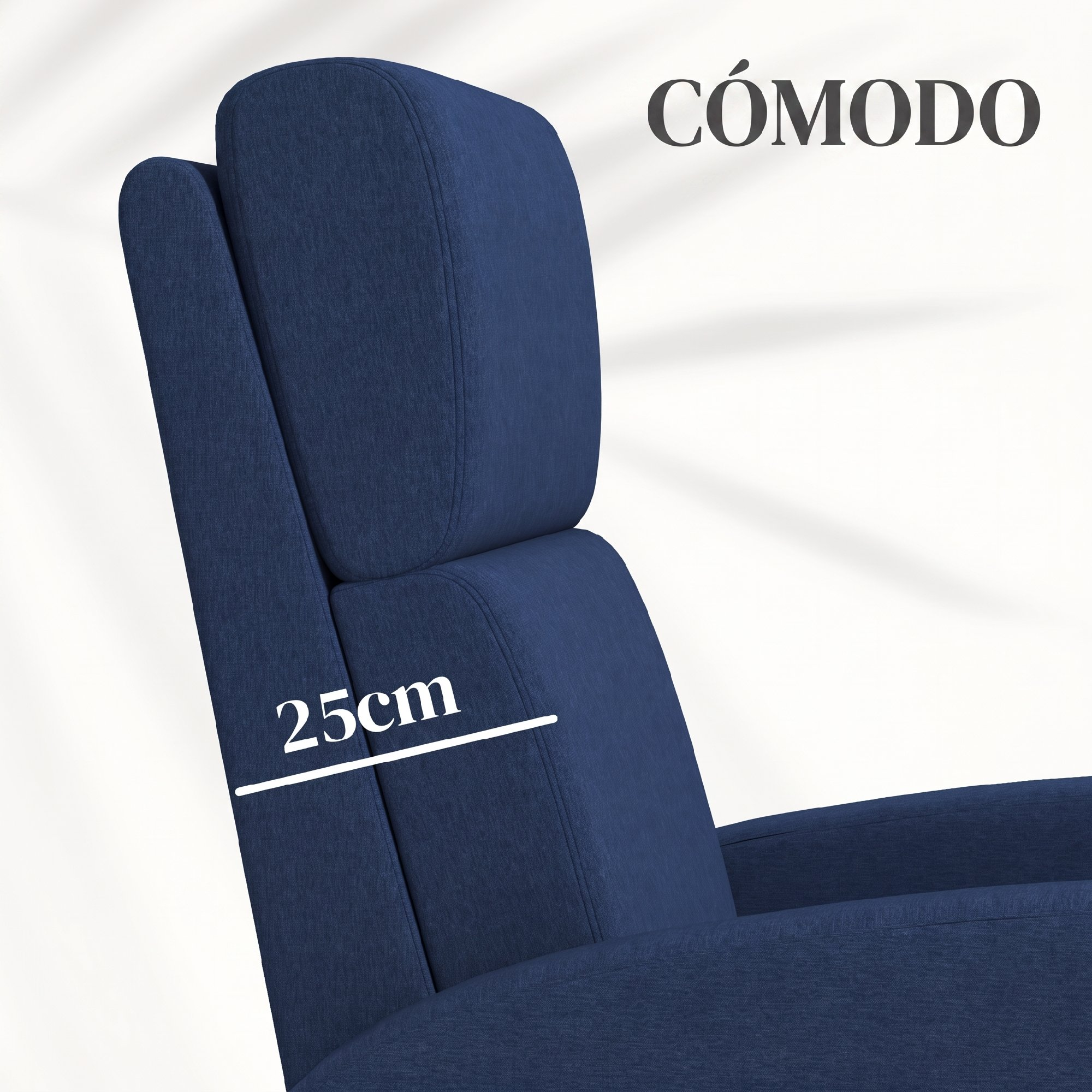 Primer plano de un sillón azul con una etiqueta de dimensión de 25 cm.