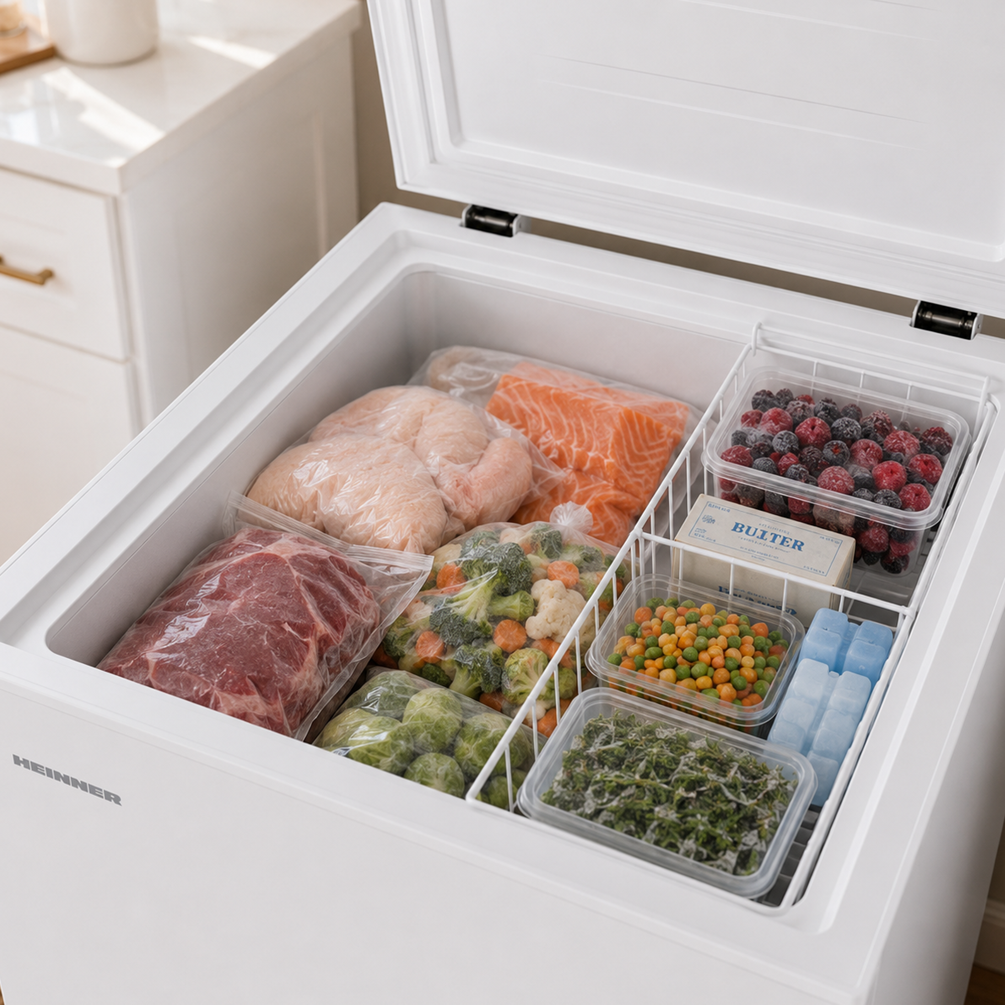Eine offene Gefriertruhe gefüllt mit Fleisch, Fisch, Beeren, Gemüse und Eiswürfeln.