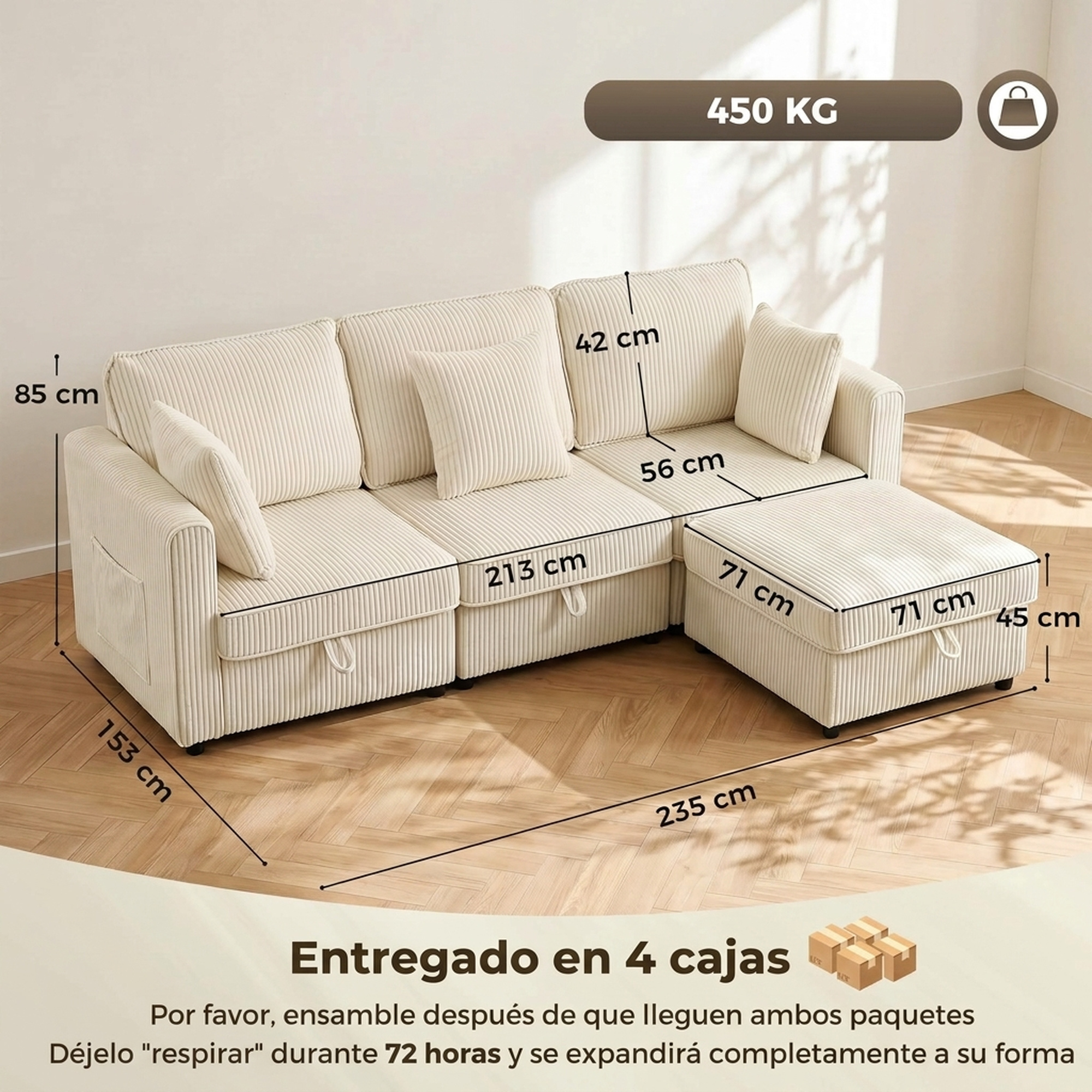 Sofá seccional de pana beis con medidas y otomana sobre suelo de madera.