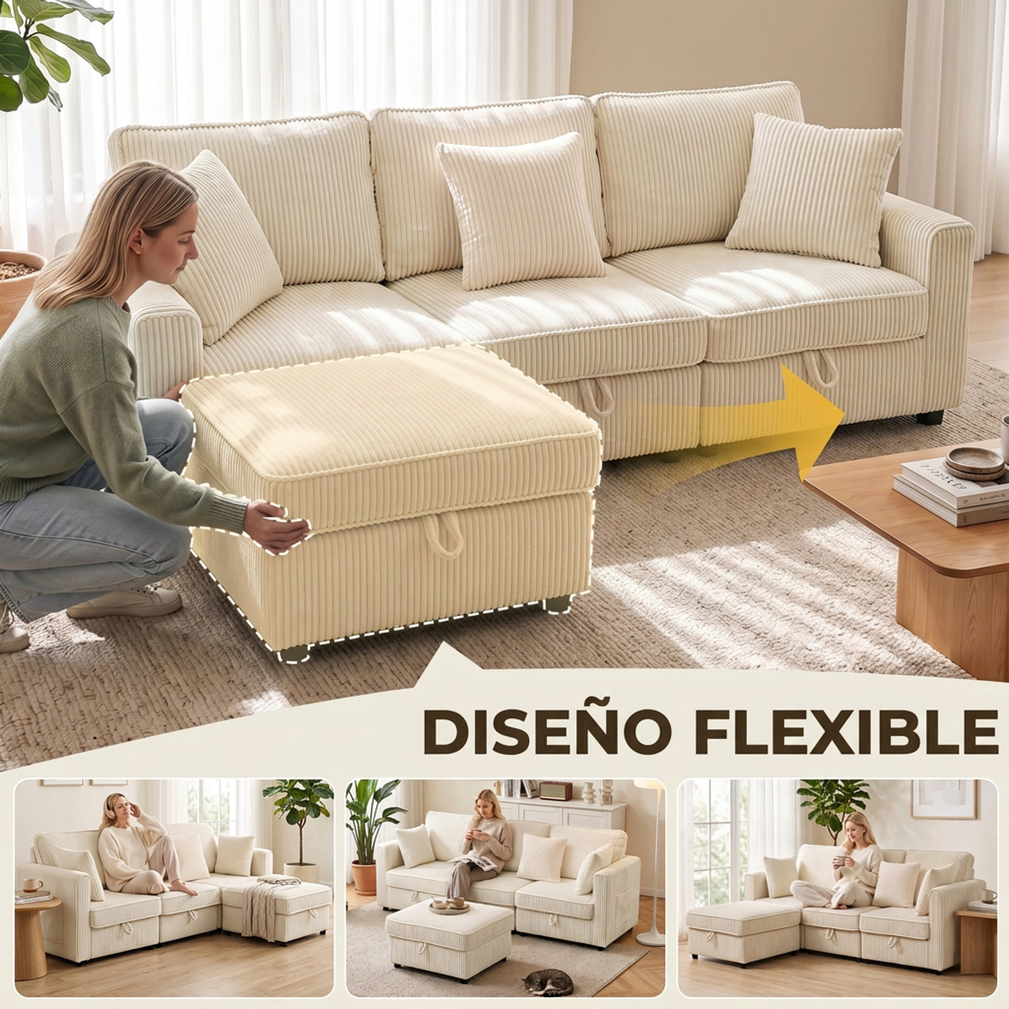 Una mujer ajusta un sofá modular de pana beige con otomana de almacenamiento en una sala.