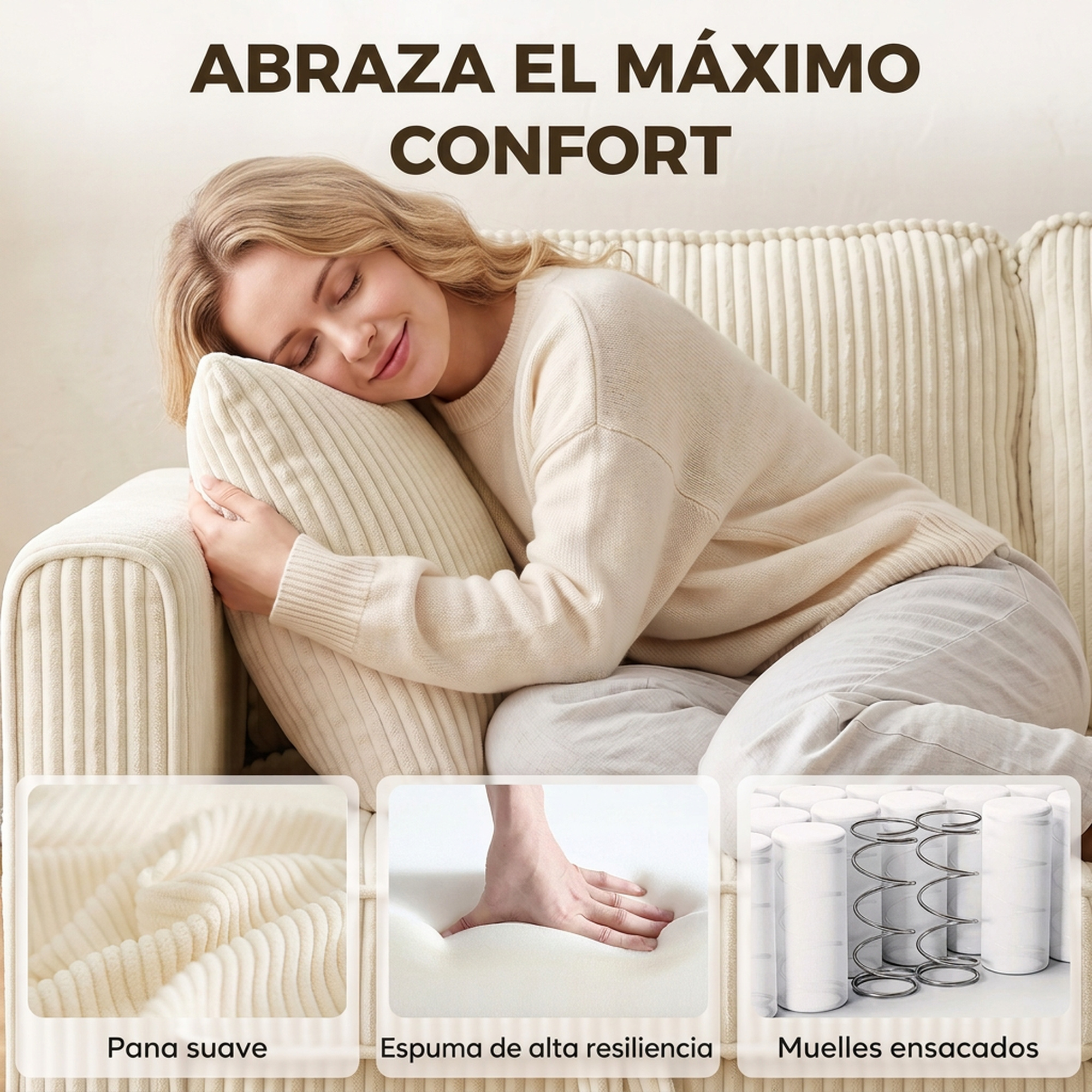 Una mujer rubia abraza un cojín en un sofá claro, con detalles de tela, espuma y muelles abajo.