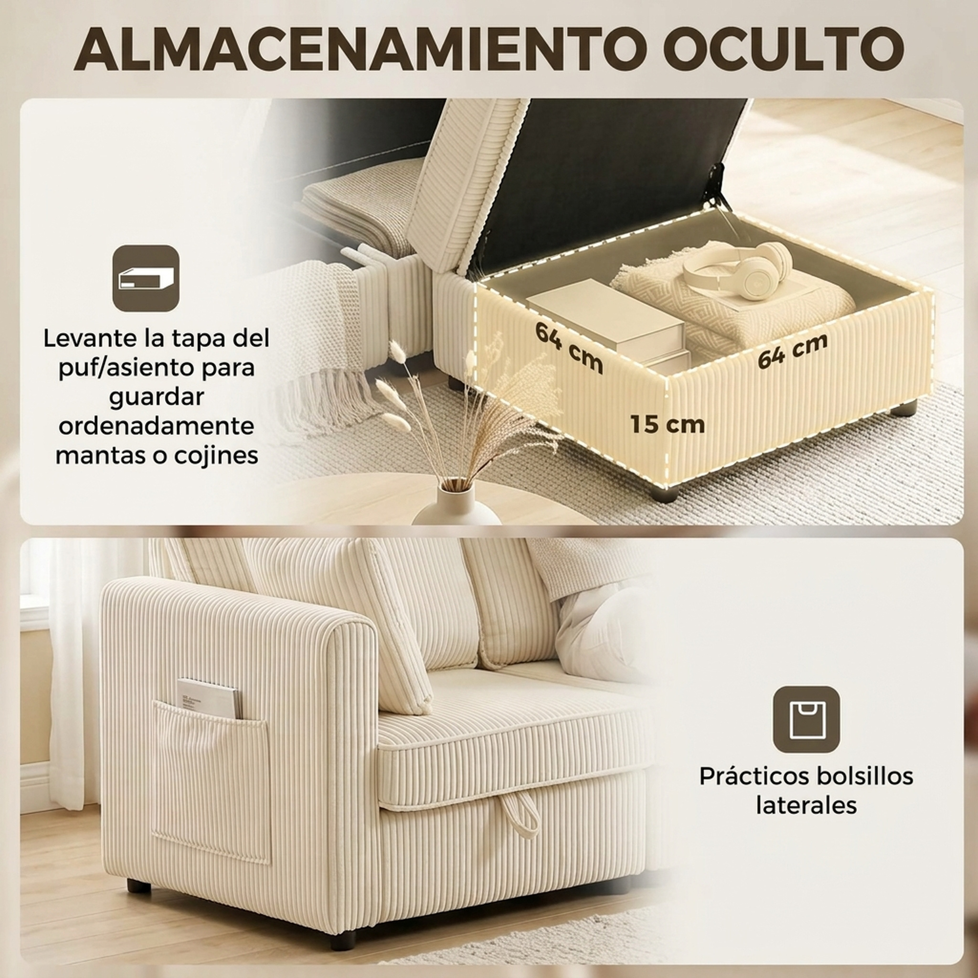 Sofá beige con almacenamiento oculto para cojines y bolsillos laterales prácticos.