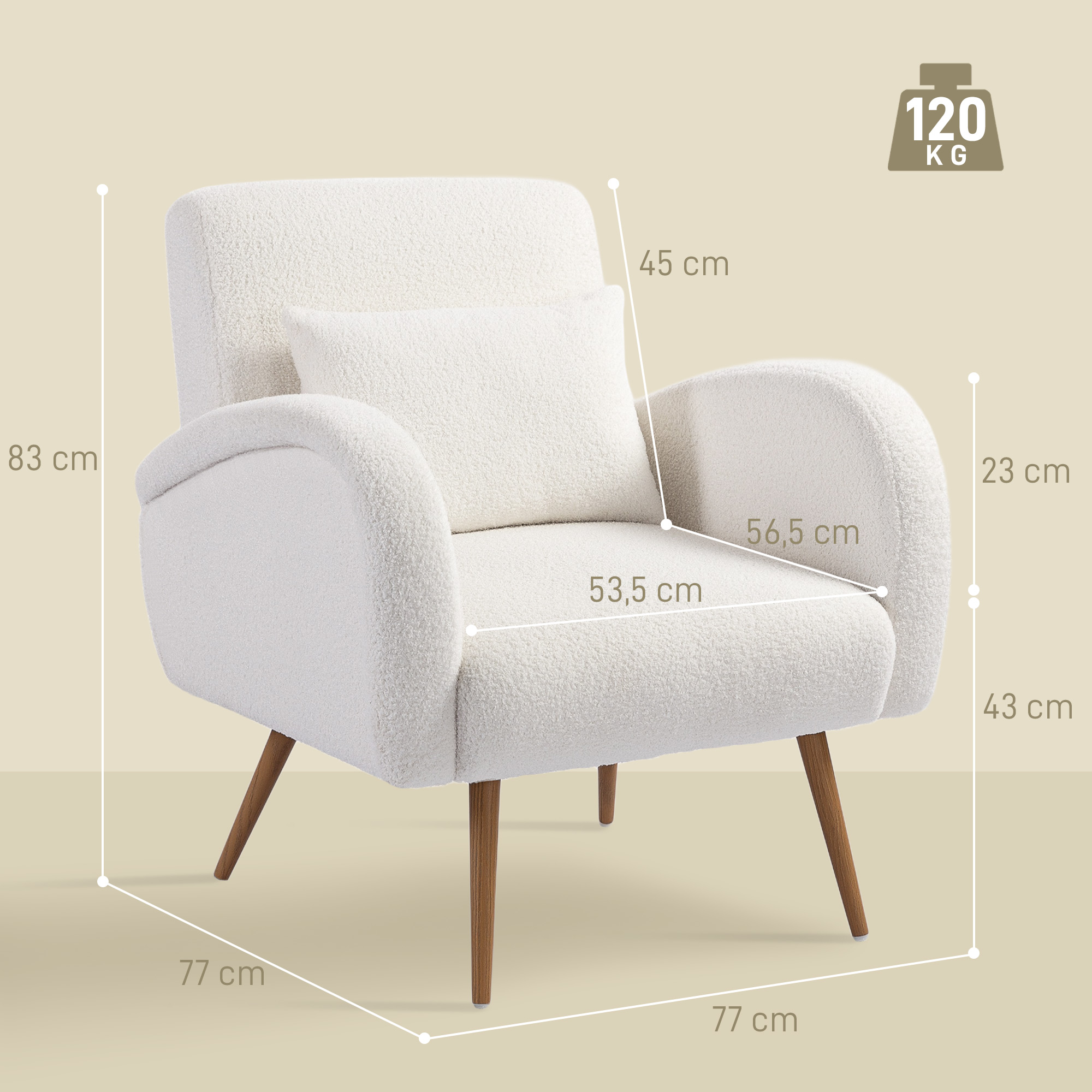Sillón blanco con patas de madera, cojín, líneas de cota y un icono de 120 kg.