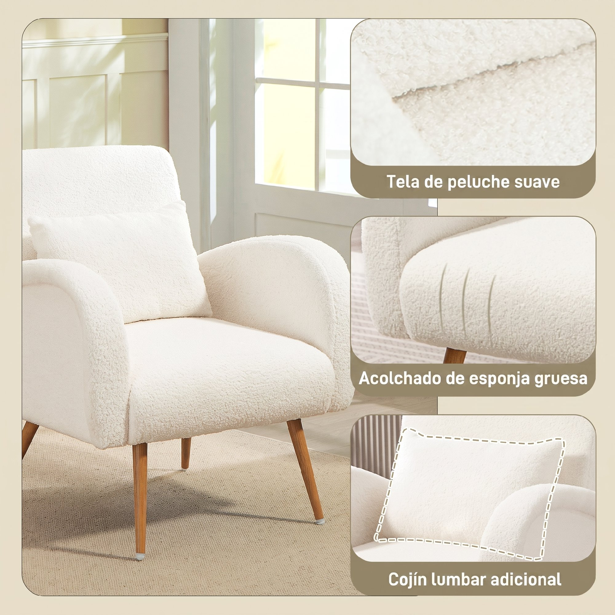 Sillón de felpa blanca con patas de madera, cojín y primeros planos de tela, acolchado y cojín.