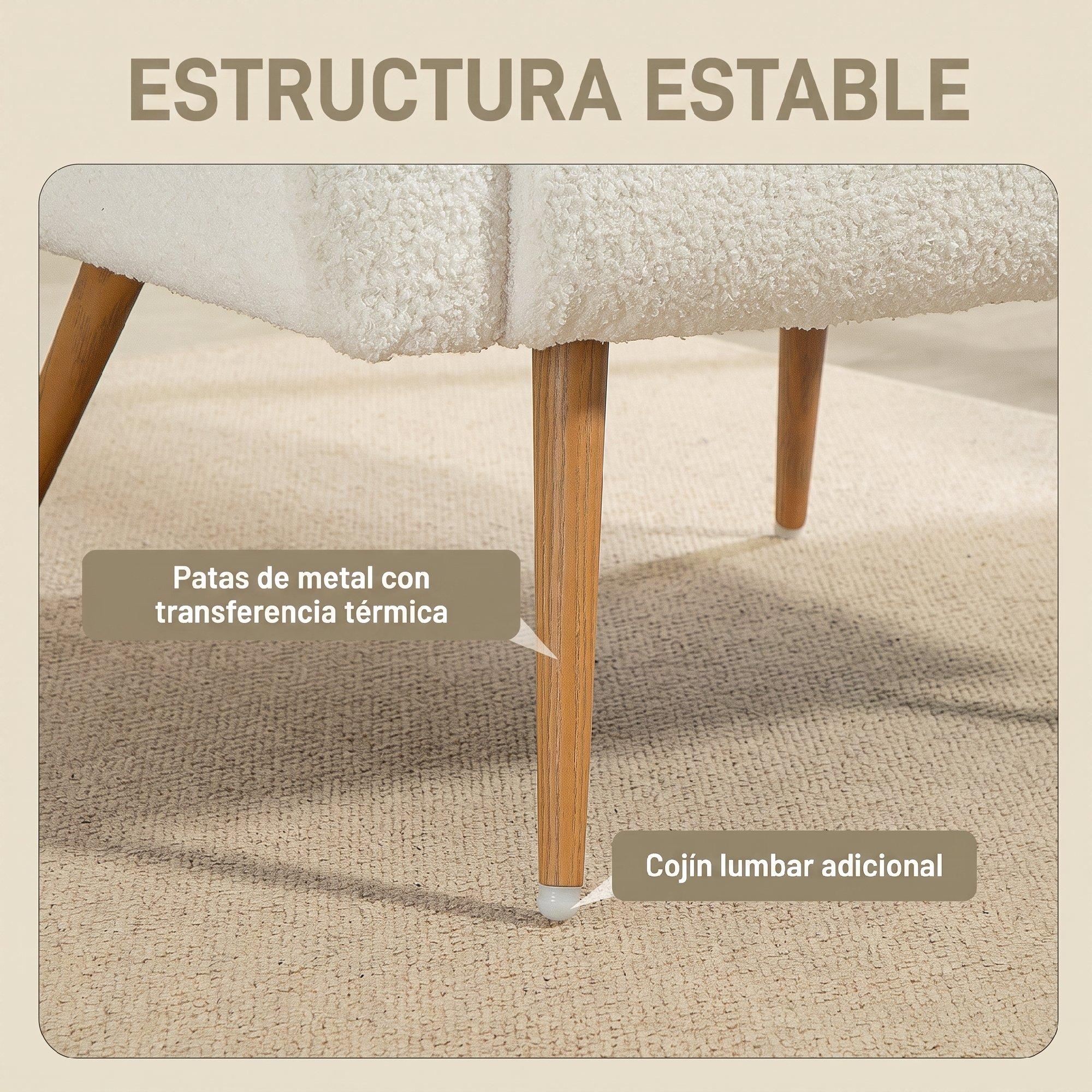 Primer plano de las patas de una silla de color madera sobre una alfombra clara con cuadros de texto.