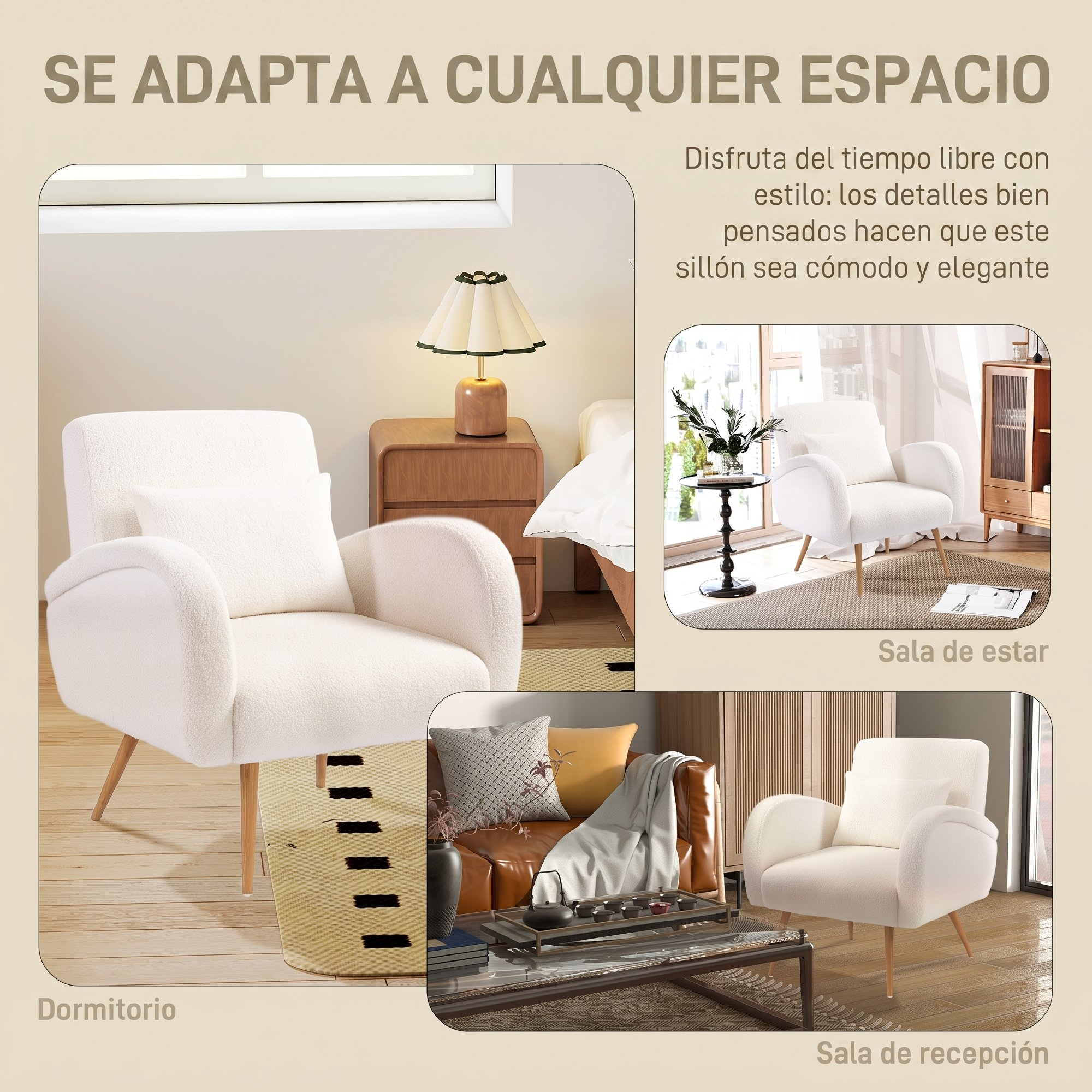 Un anuncio beige con un sillón blanco de borreguito en dormitorio, sala de estar y recepción con texto en español.