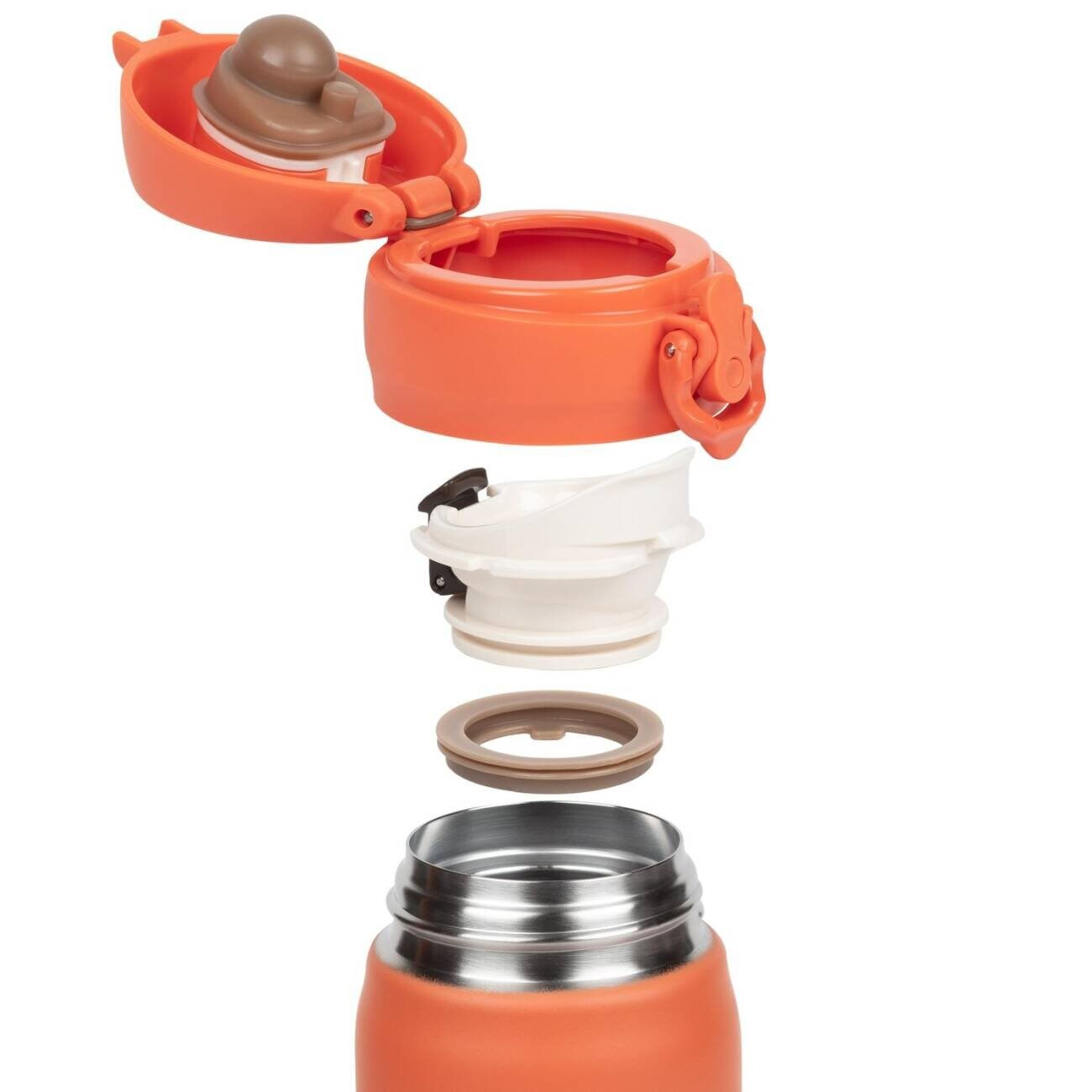 Açık kapaklı, beyaz parça ve kahverengi contalı turuncu termos şişenin patlatılmış görünümü.