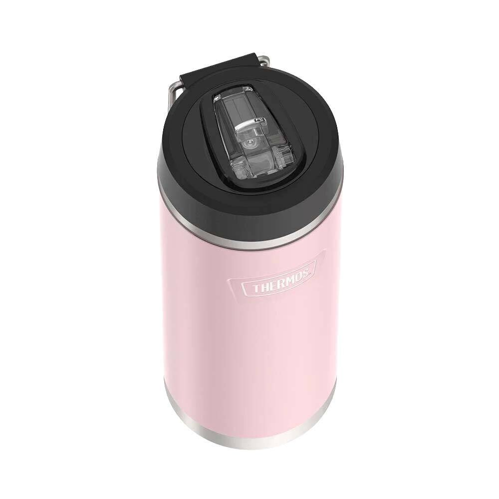 Siyah kapaklı ve şeffaf ağızlıklı, açık pembe Thermos kap, beyaz arka planda.