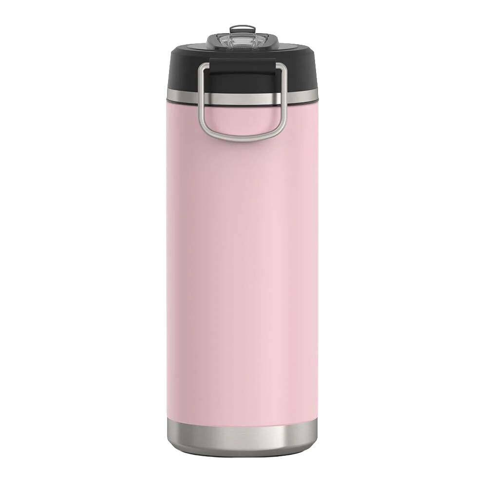 Beyaz arka planda siyah kapaklı, gümüş metal taşıma saplı ve gümüş tabanlı pastel pembe yalıtımlı su matarası.