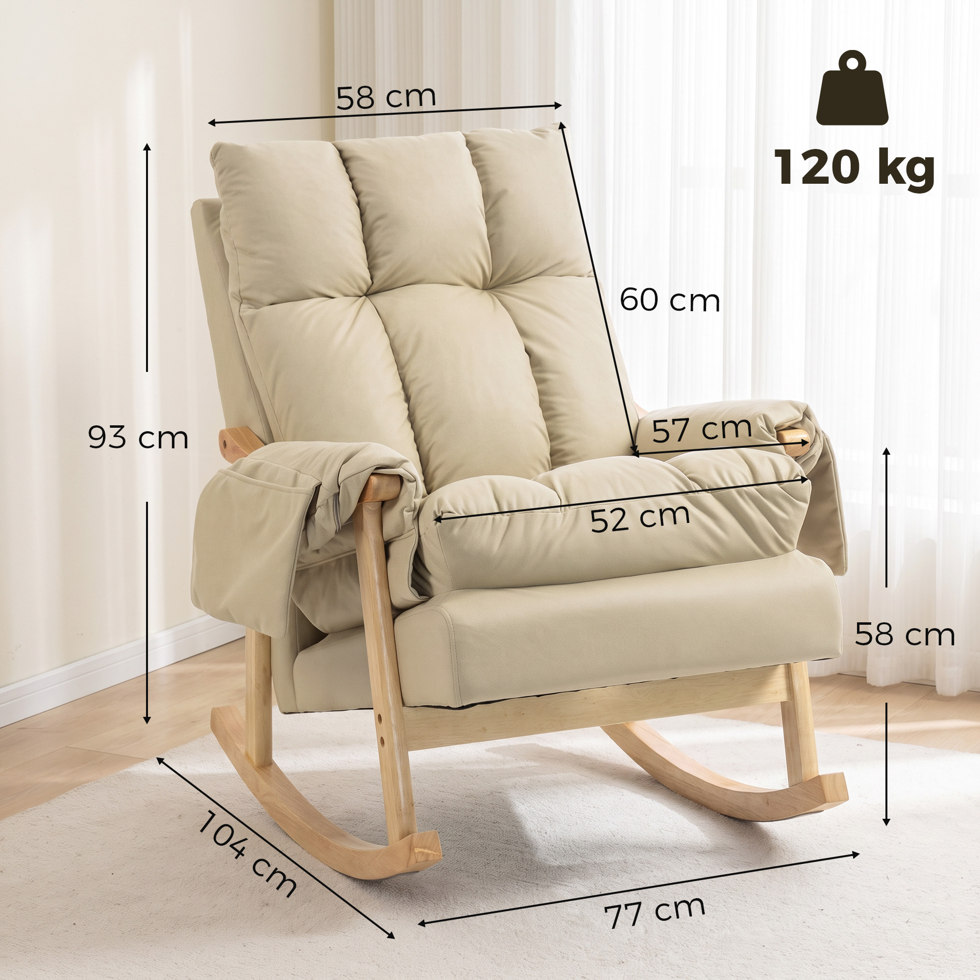 Mecedora beis con patas de madera, medidas en cm e icono de capacidad de peso de 120 kg.