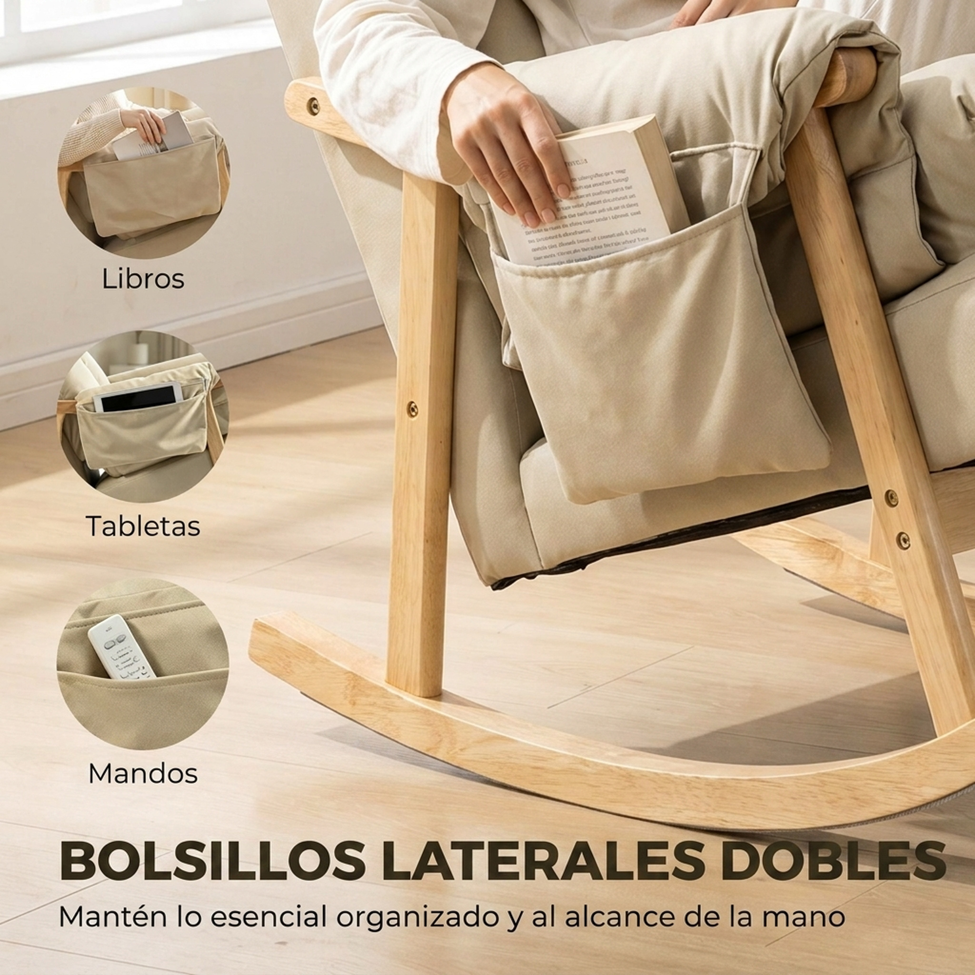 Mecedora beige con bolsillos laterales para libros, tabletas y mandos.