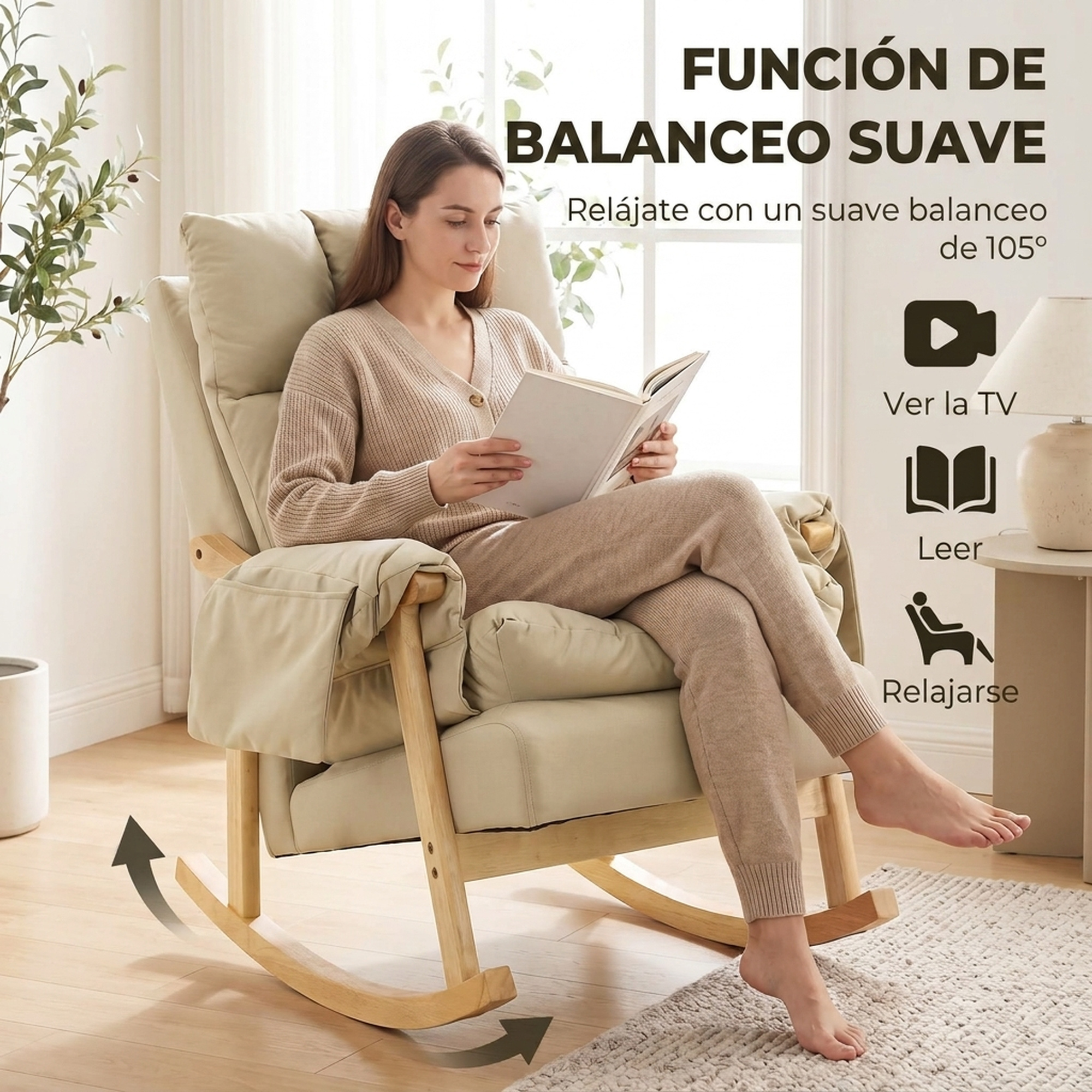 Una mujer de beige lee un libro en una mecedora de madera en una habitación luminosa.