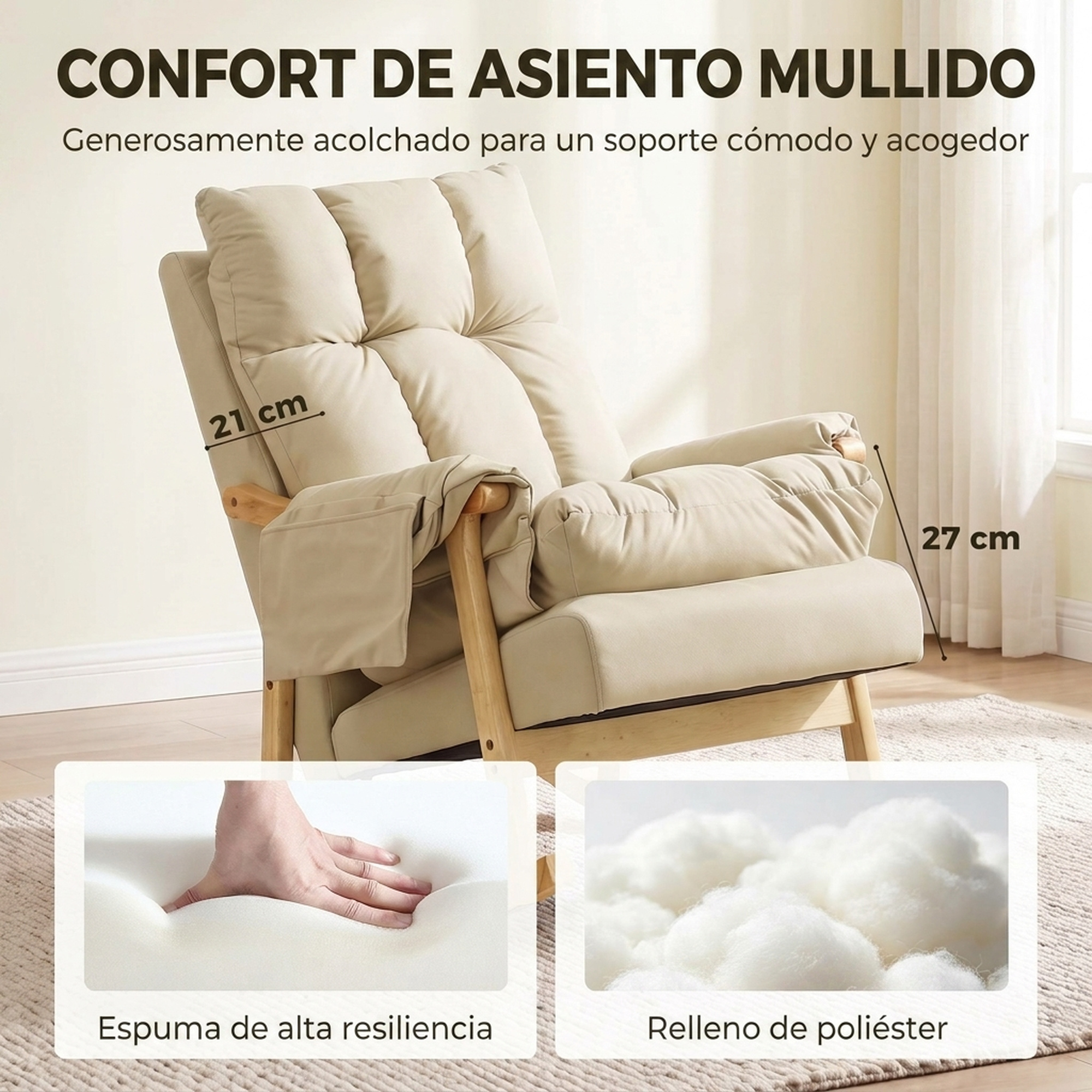 Sillón tapizado beige con estructura de madera e inserciones de espuma y poliéster.