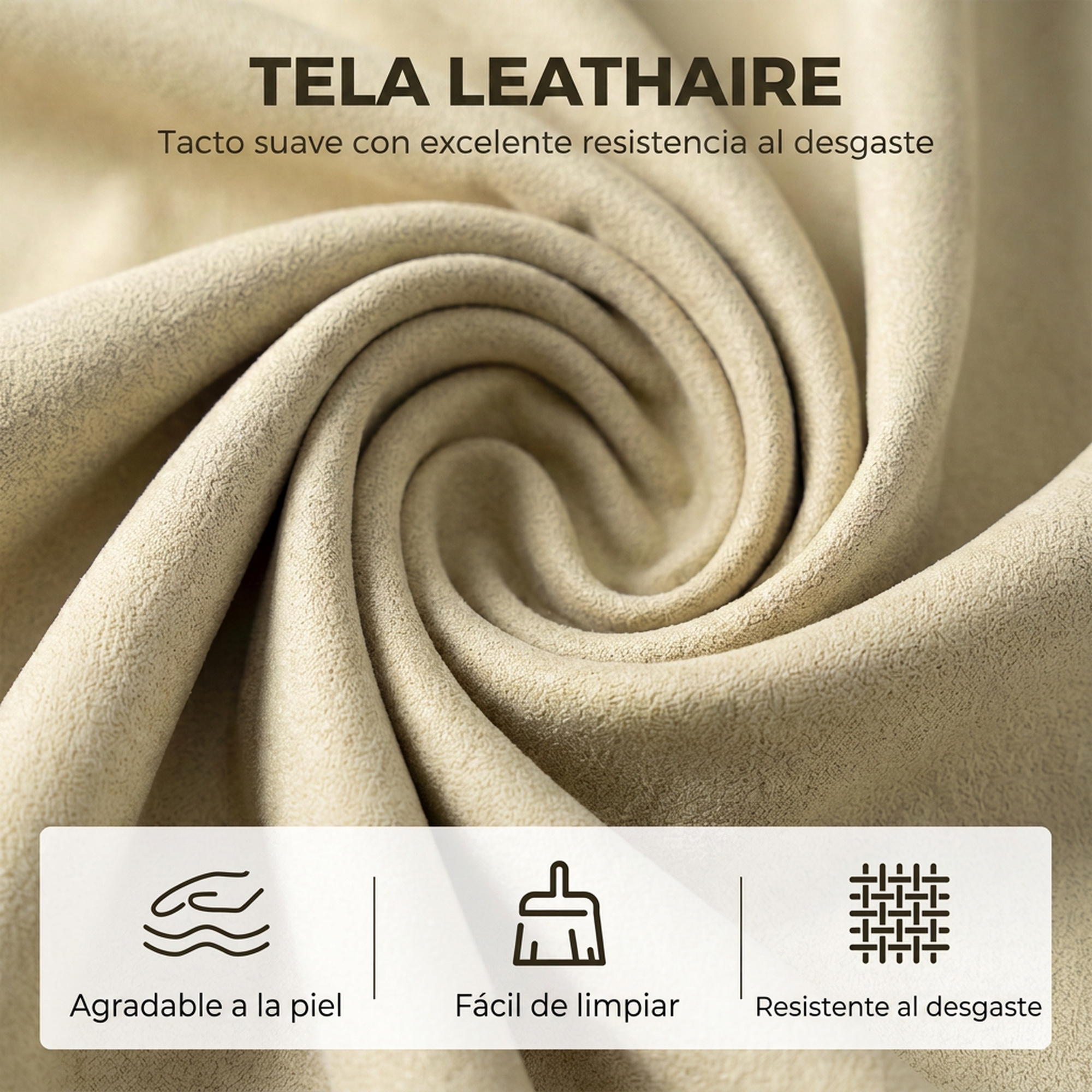 Tela Leathaire beige con textura suave, tres iconos que indican tacto suave, fácil limpieza y resistencia al desgaste.