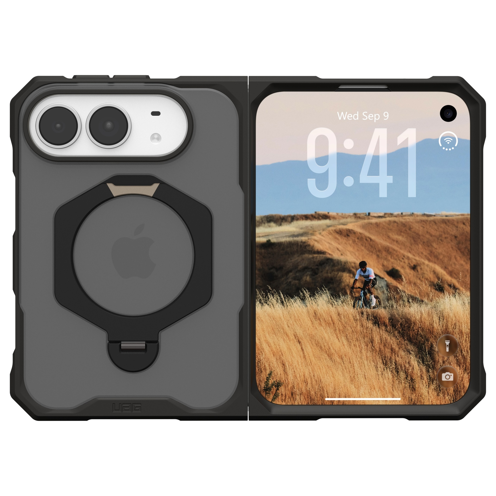 Ein Smartphone in einer robusten Schutzhülle mit Kickstand und angezeigtem Hintergrundbild von einem Radfahrer.