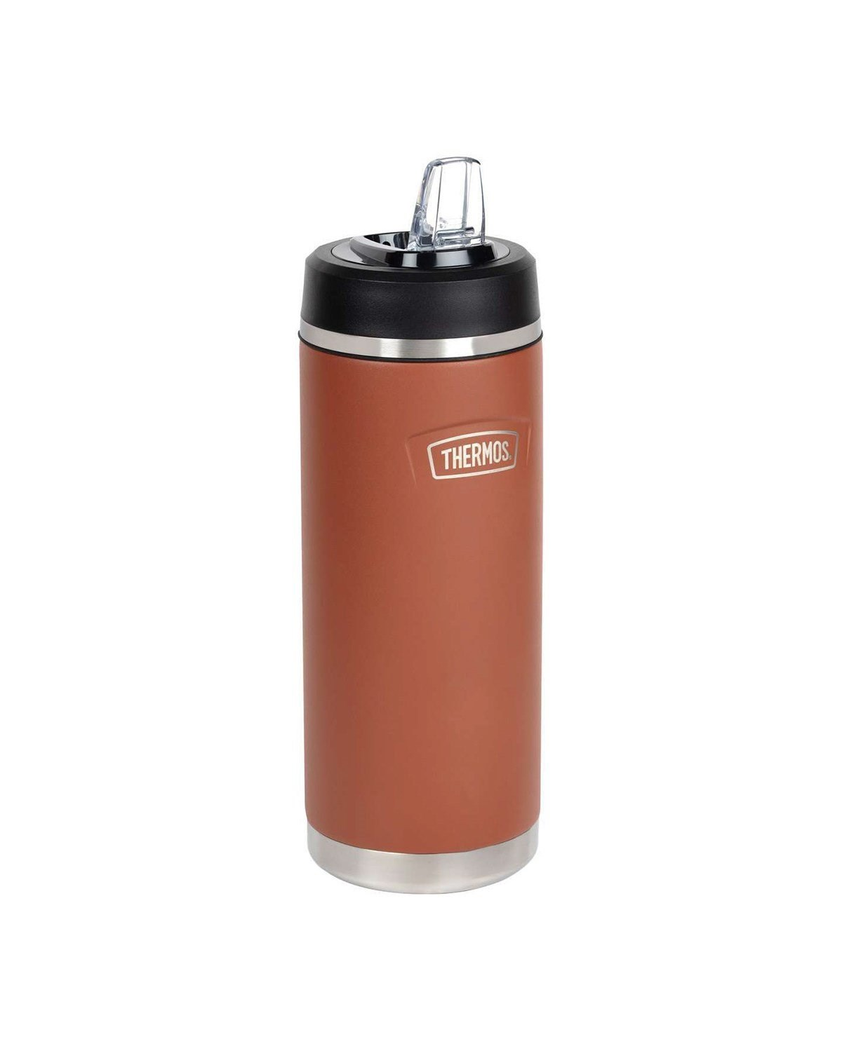 Beyaz zemin Ã¼zerinde siyah kapaklı ve şeffaf pipetli pas kırmızısı Thermos şişesi.