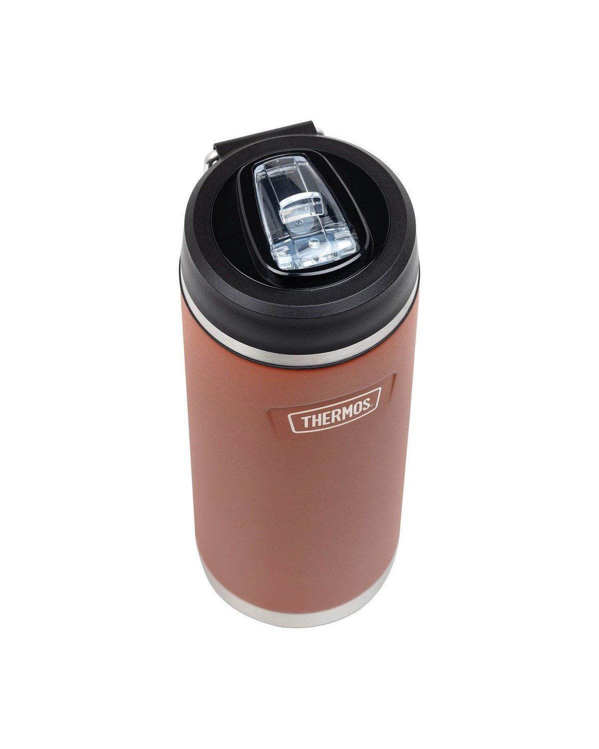 Beyaz arka planda siyah kapaklı ve şeffaf kilitli pas rengi Thermos seyahat kupası.