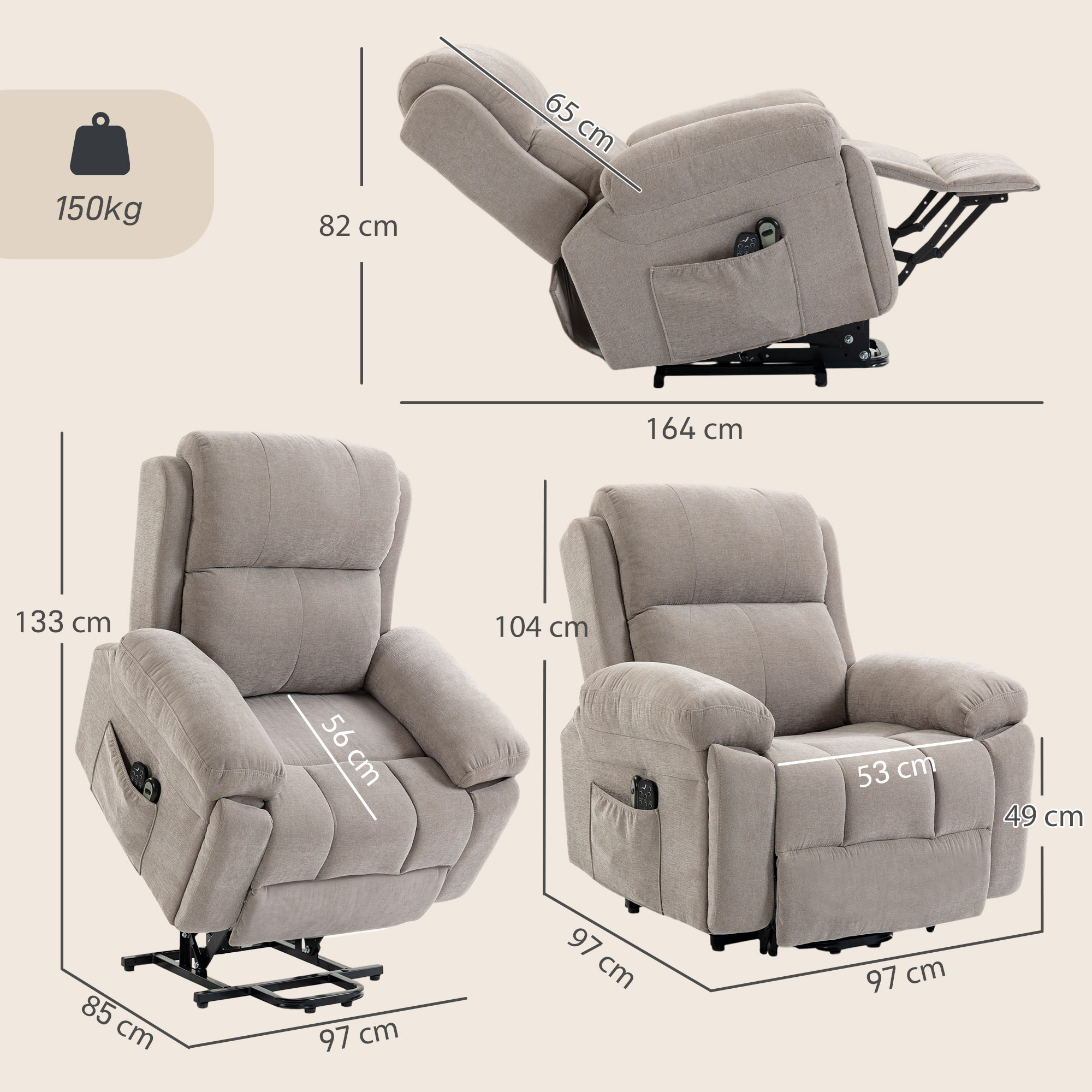 Diagrama técnico con dimensiones y capacidad de peso de un sillón reclinable beige desde varios ángulos.