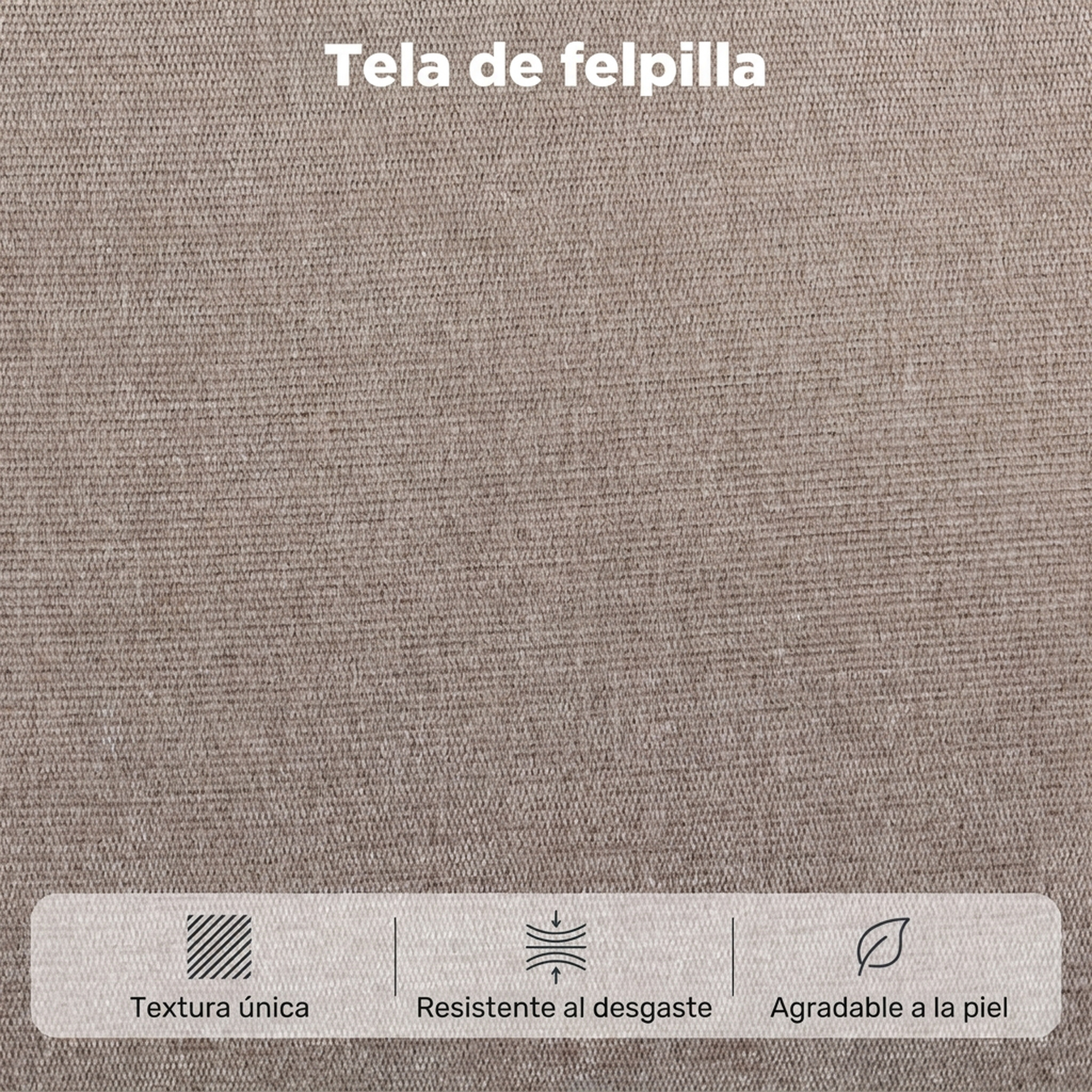Primer plano de tela de felpilla marrón con texto e iconos arriba y abajo.