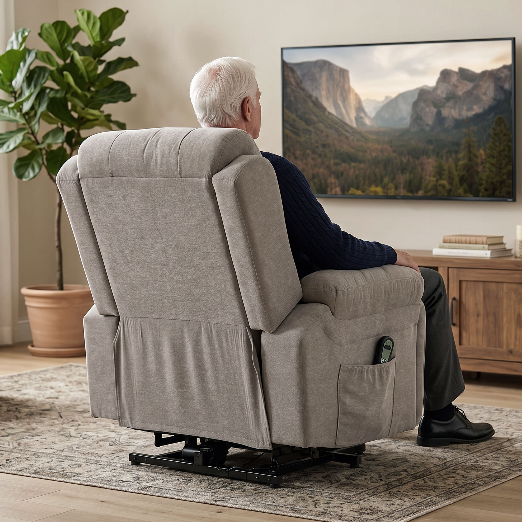 Un anciano se sienta de espaldas en un sillón gris, viendo la televisión con un paisaje montañoso.