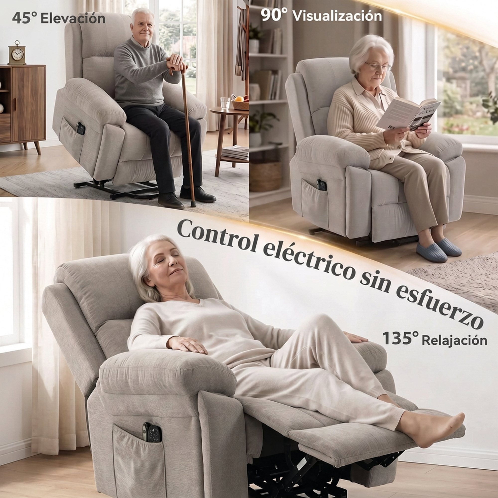 Collage de un anciano con bastón, una mujer leyendo y otra descansando en un sillón.
