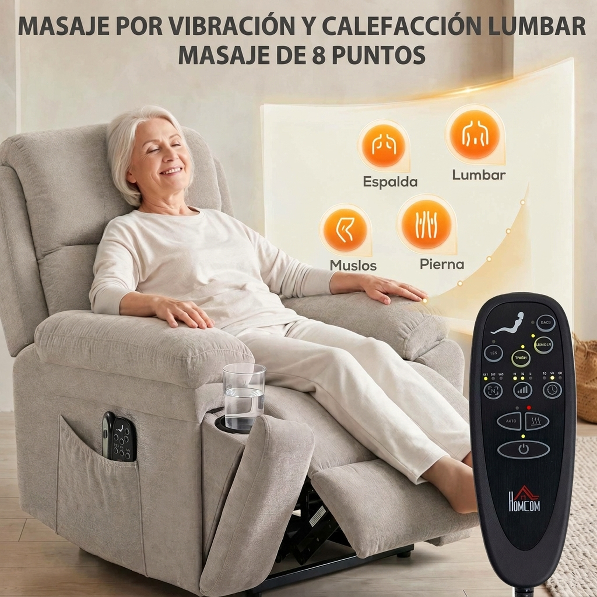 Una mujer mayor se relaja en un sillón de masaje gris claro con control remoto e iconos.