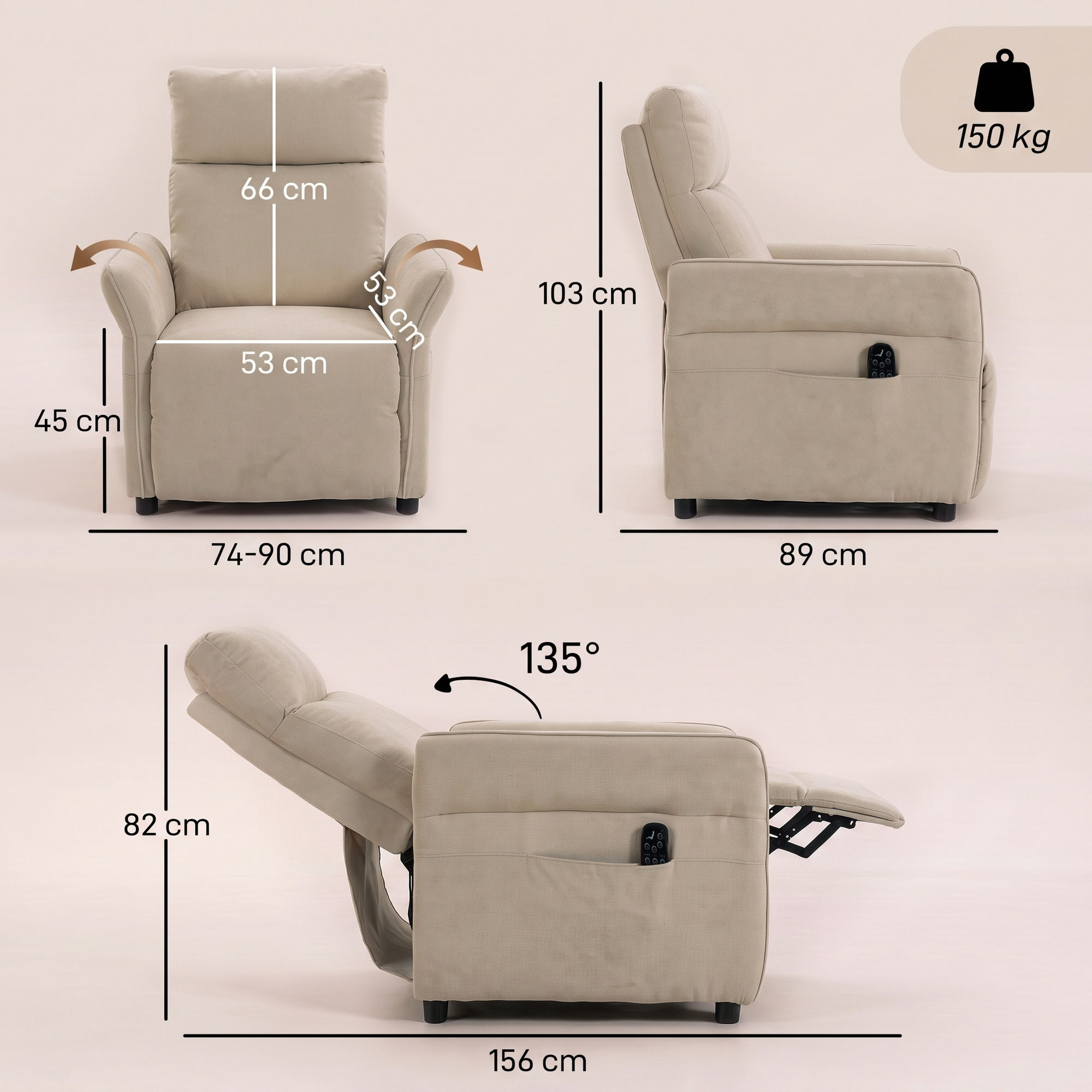 Diagrama técnico con medidas de un sillón beis desde múltiples ángulos.