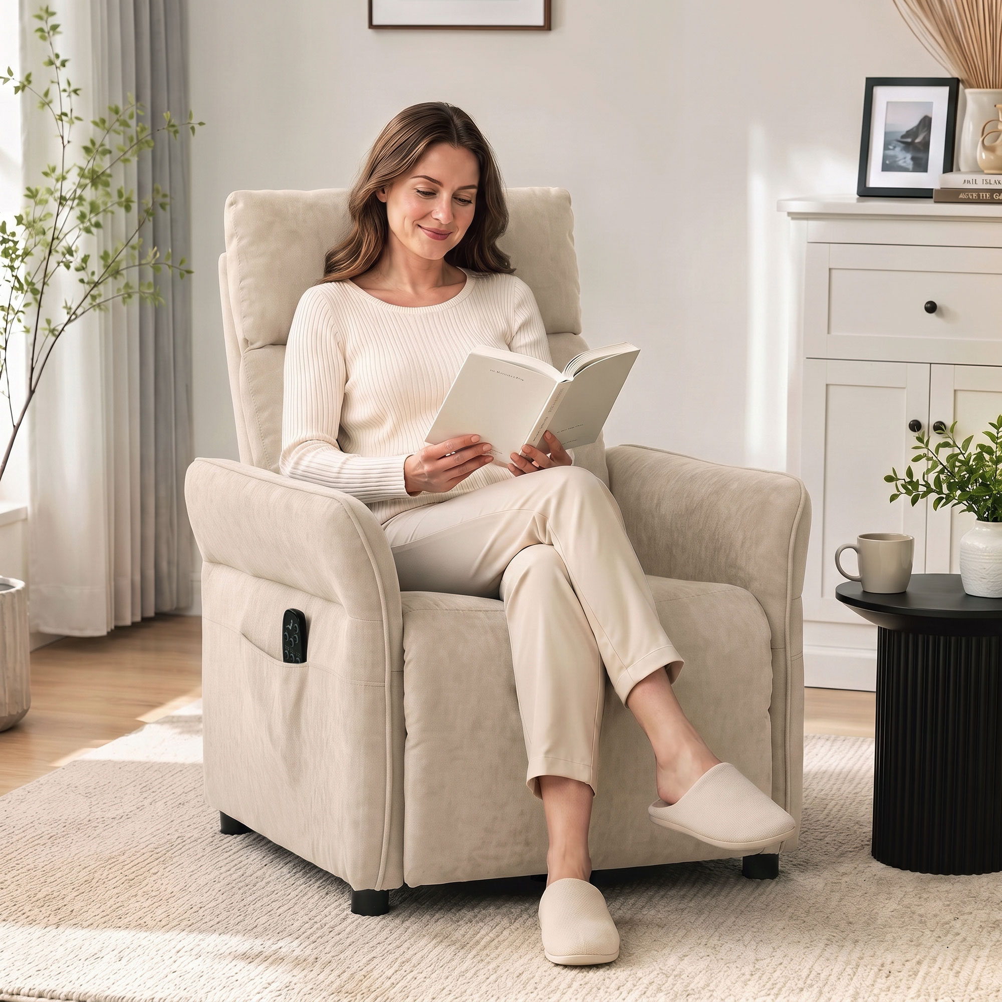 Una mujer con ropa blanca se sienta en un sillón beige, leyendo un libro en una sala de estar luminosa y acogedora.