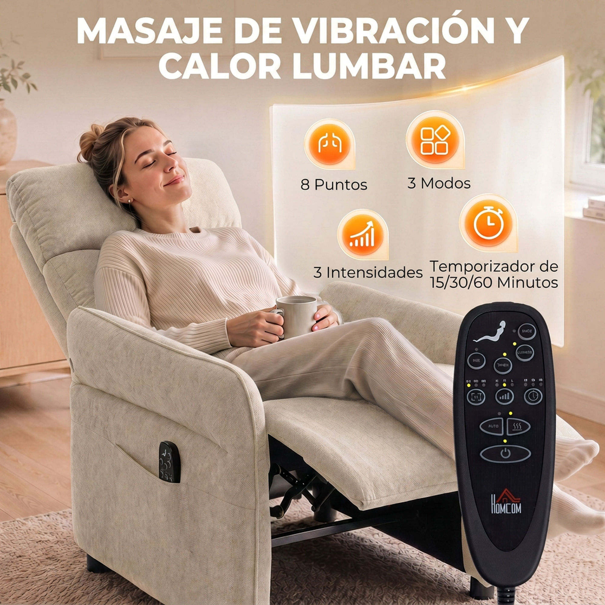 Una mujer se relaja en un sillón de masaje beis con una taza, control remoto e iconos de funciones.