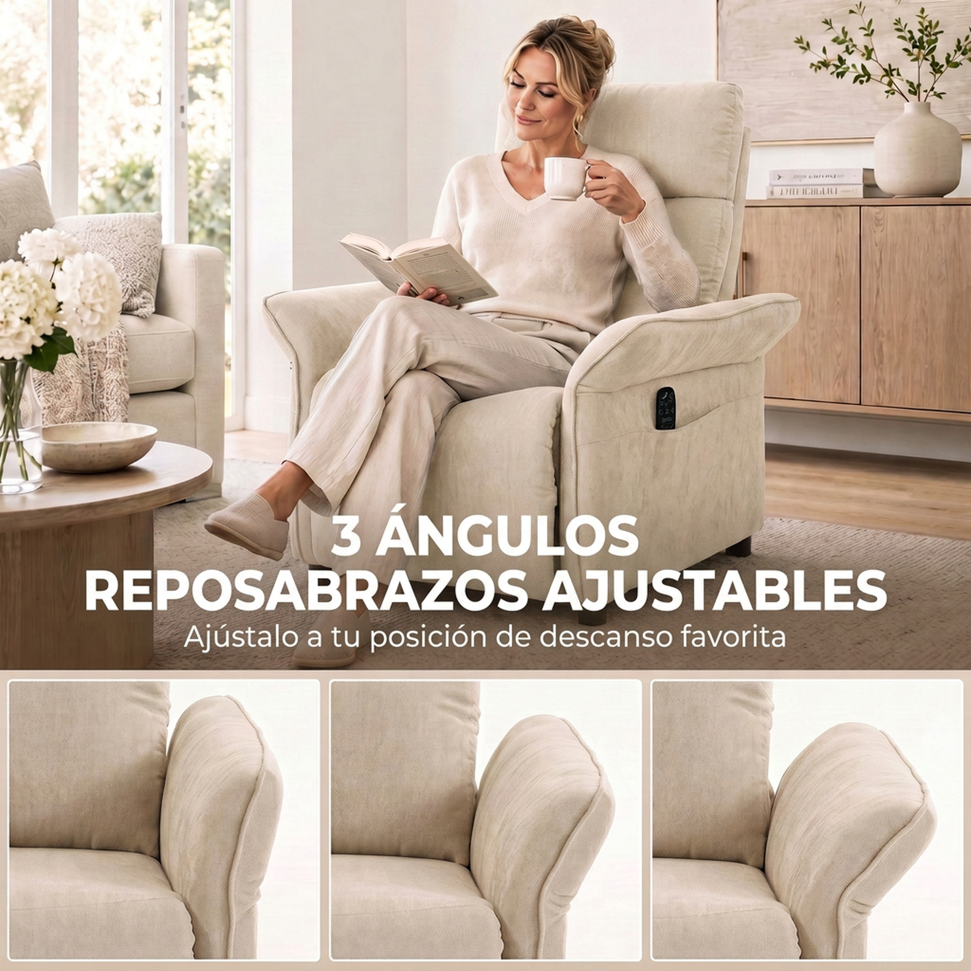 Mujer en sillón claro leyendo un libro y sosteniendo una taza. Abajo se muestran tres posiciones de reposabrazos ajustables.