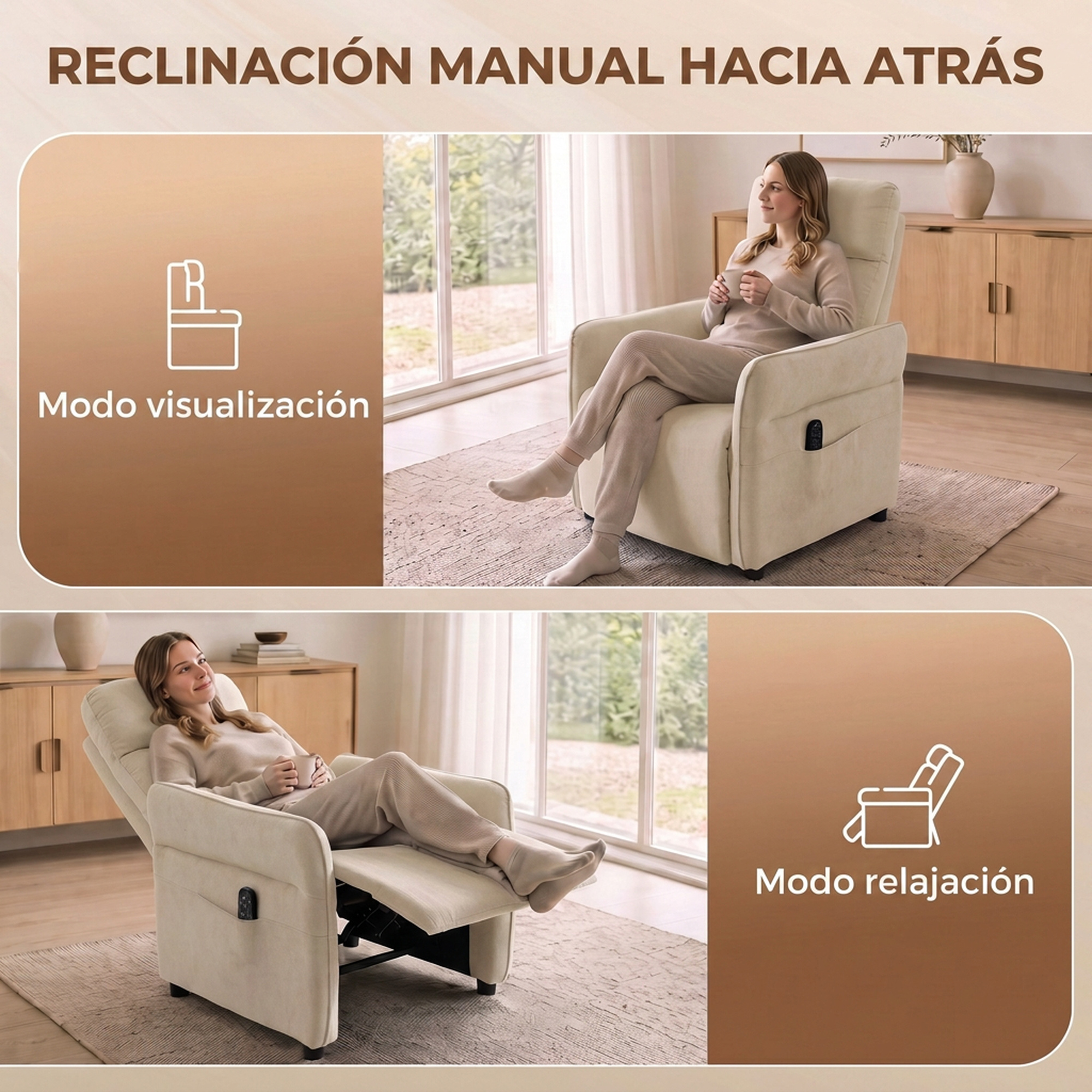 Una mujer se relaja en un sillón claro mostrado en dos posiciones: sentado y reclinado.