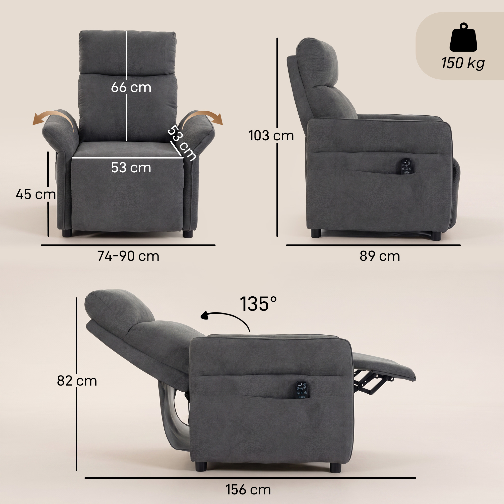 Vistas frontal, lateral y reclinada de un sillón gris con dimensiones y capacidad de 150 kg.