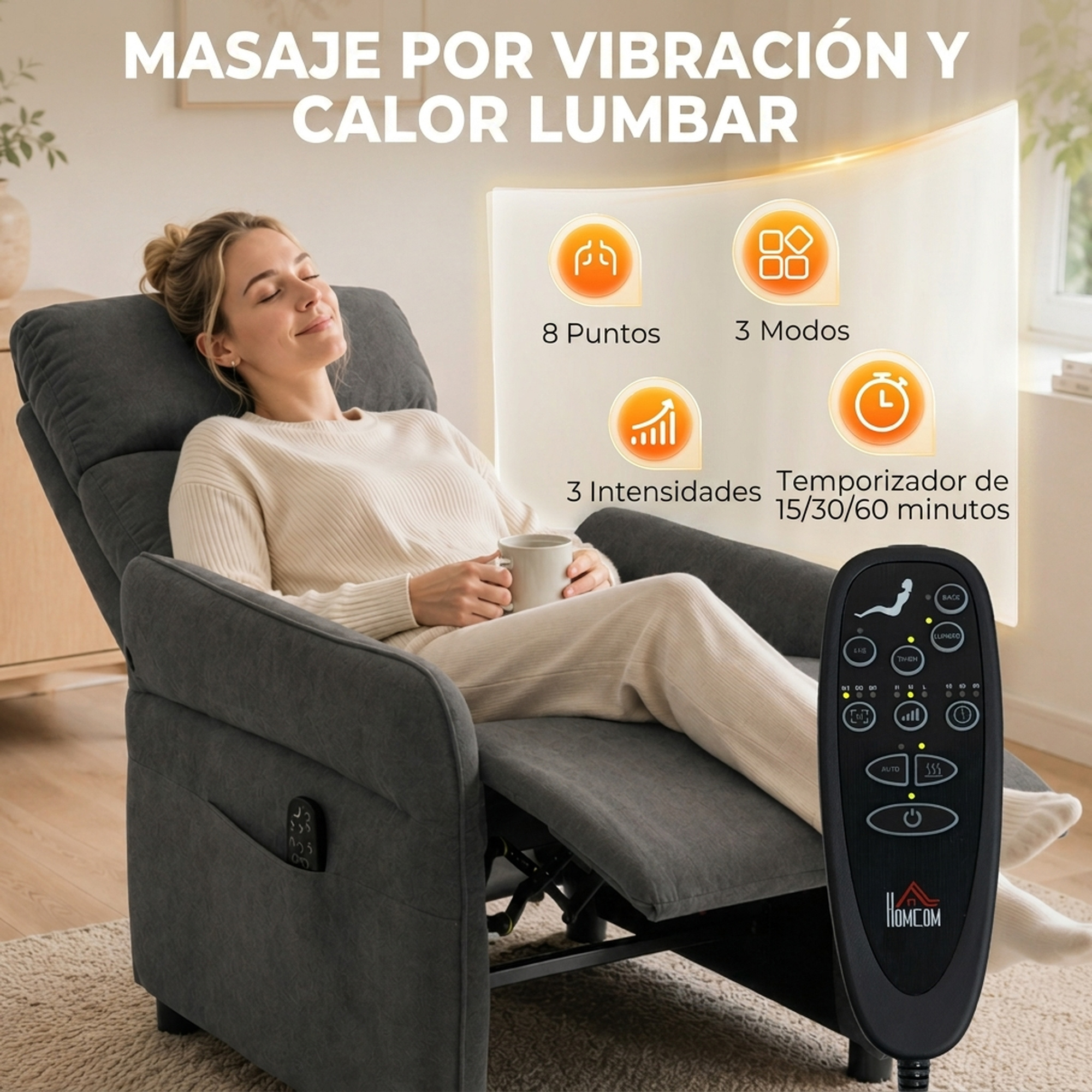 Mujer relajándose en sillón masajeador gris con mando e iconos.