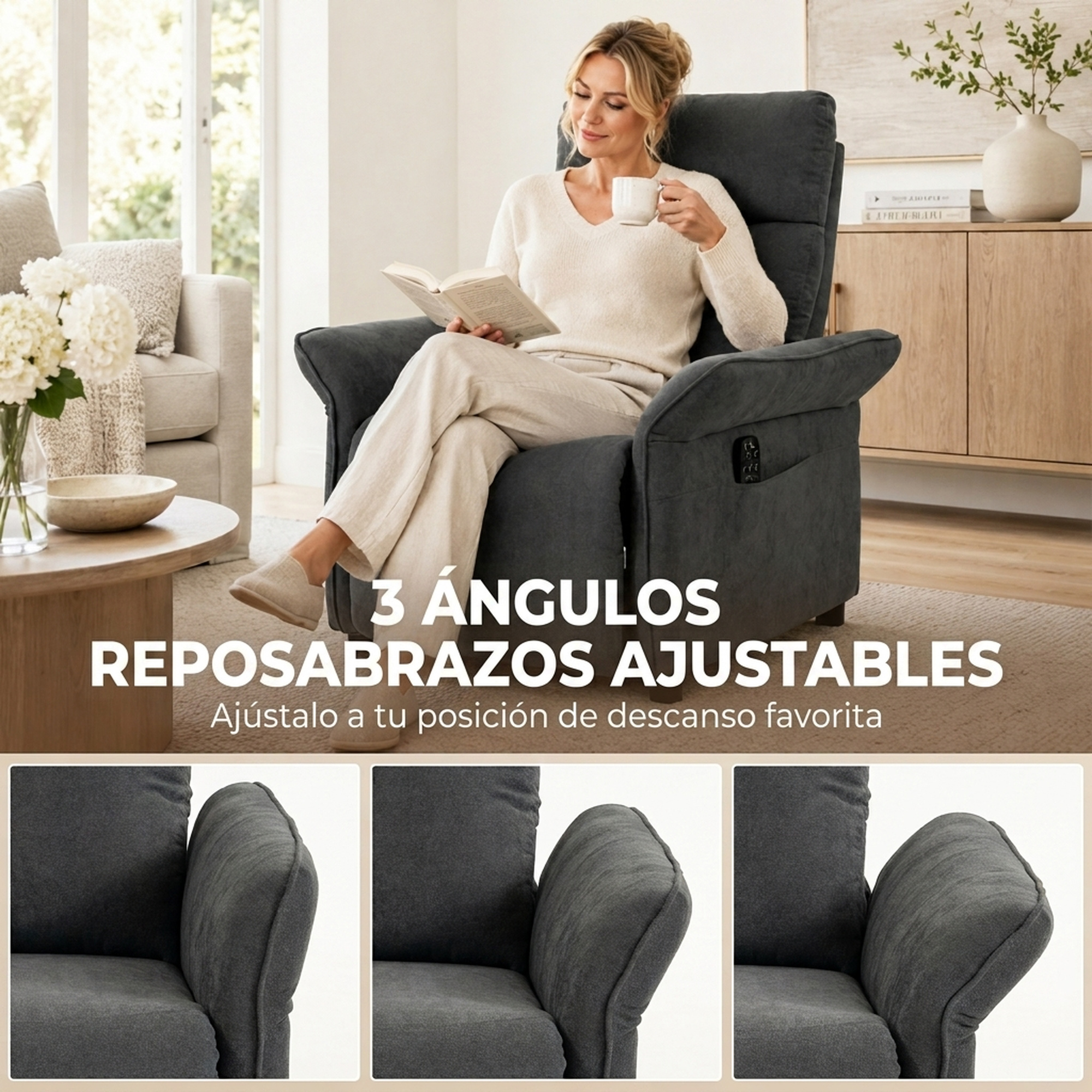 Mujer sentada en un sillón gris leyendo un libro y sosteniendo una taza, con tres posiciones de reposabrazos abajo.