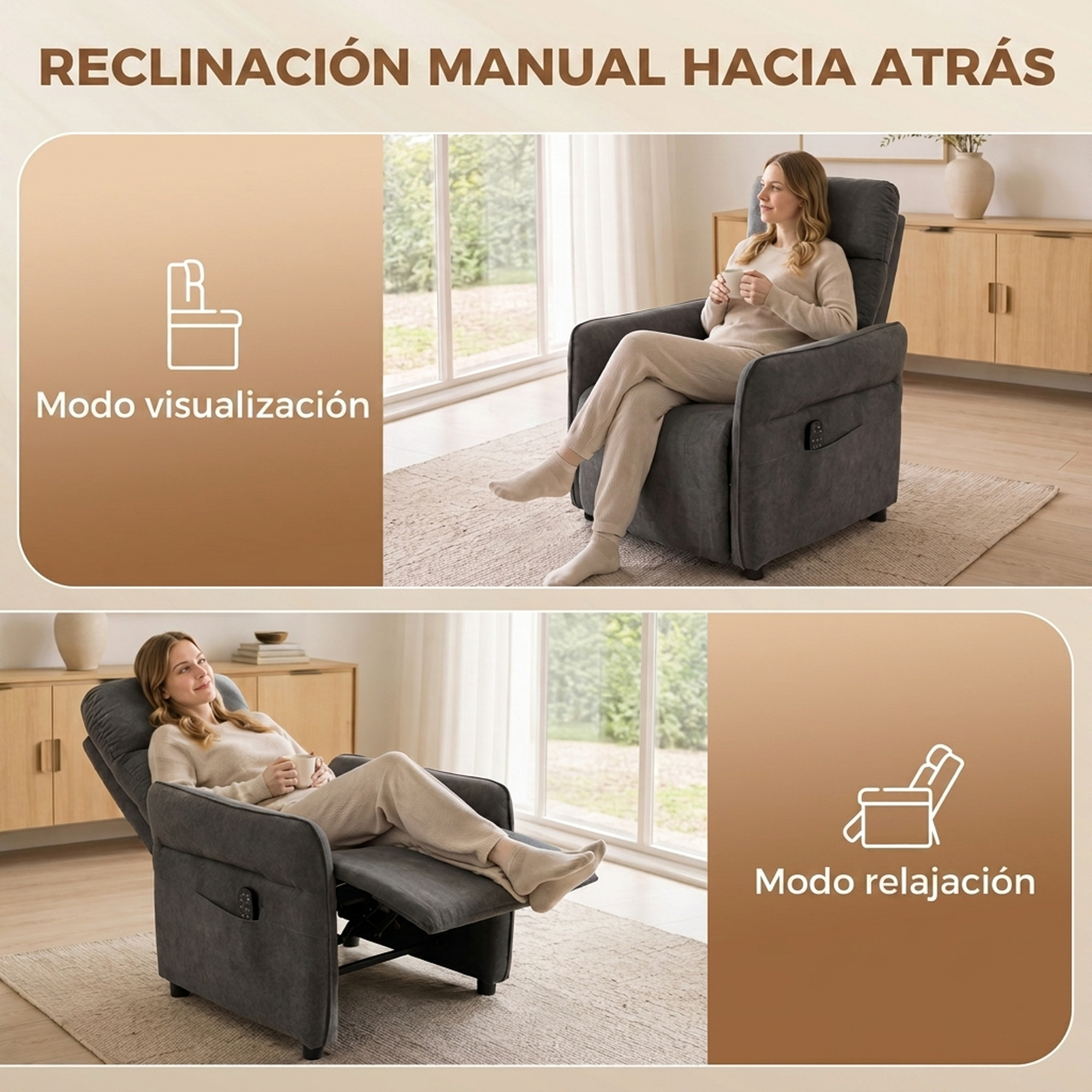 Una mujer se sienta en un sillón gris en un piso luminoso; arriba erguida y abajo reclinada.
