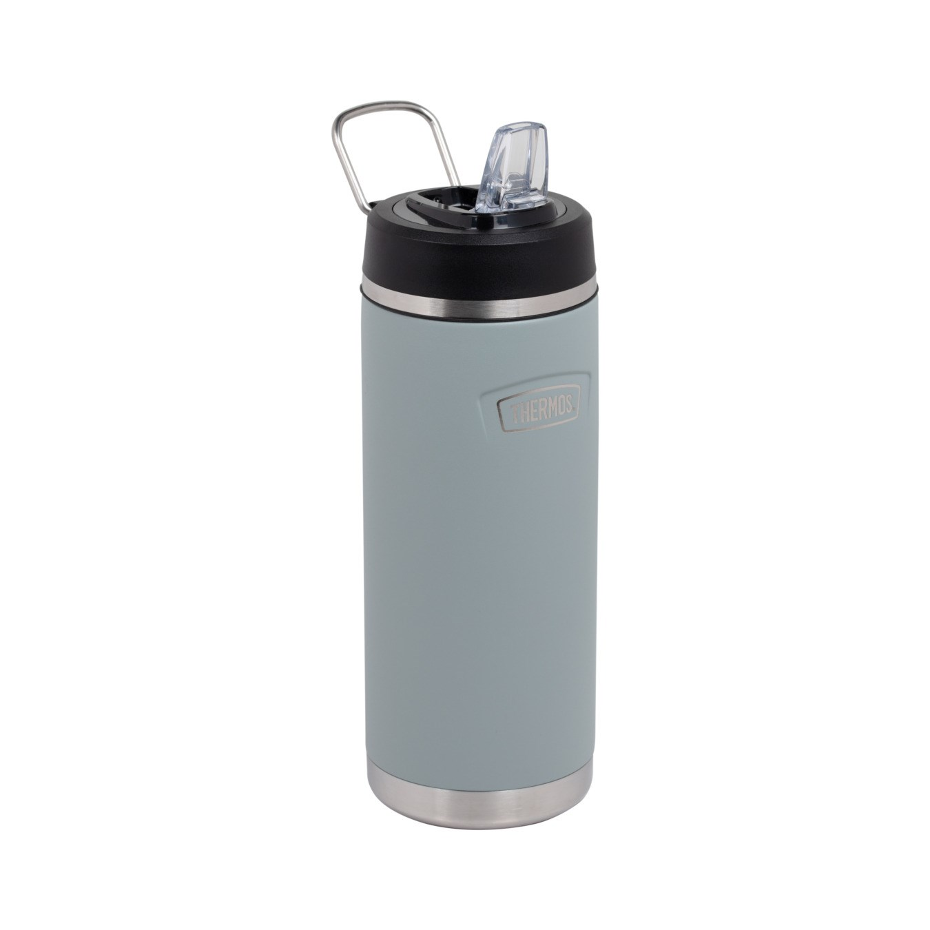 Siyah kapaklı, metal taşıma saplı ve şeffaf ağızlıklı gri bir Thermos matara, beyaz arka plan üzerinde.