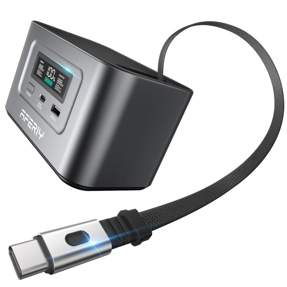 Un cargador AFERIY gris con pantalla digital, puertos USB y un cable USB-C integrado.