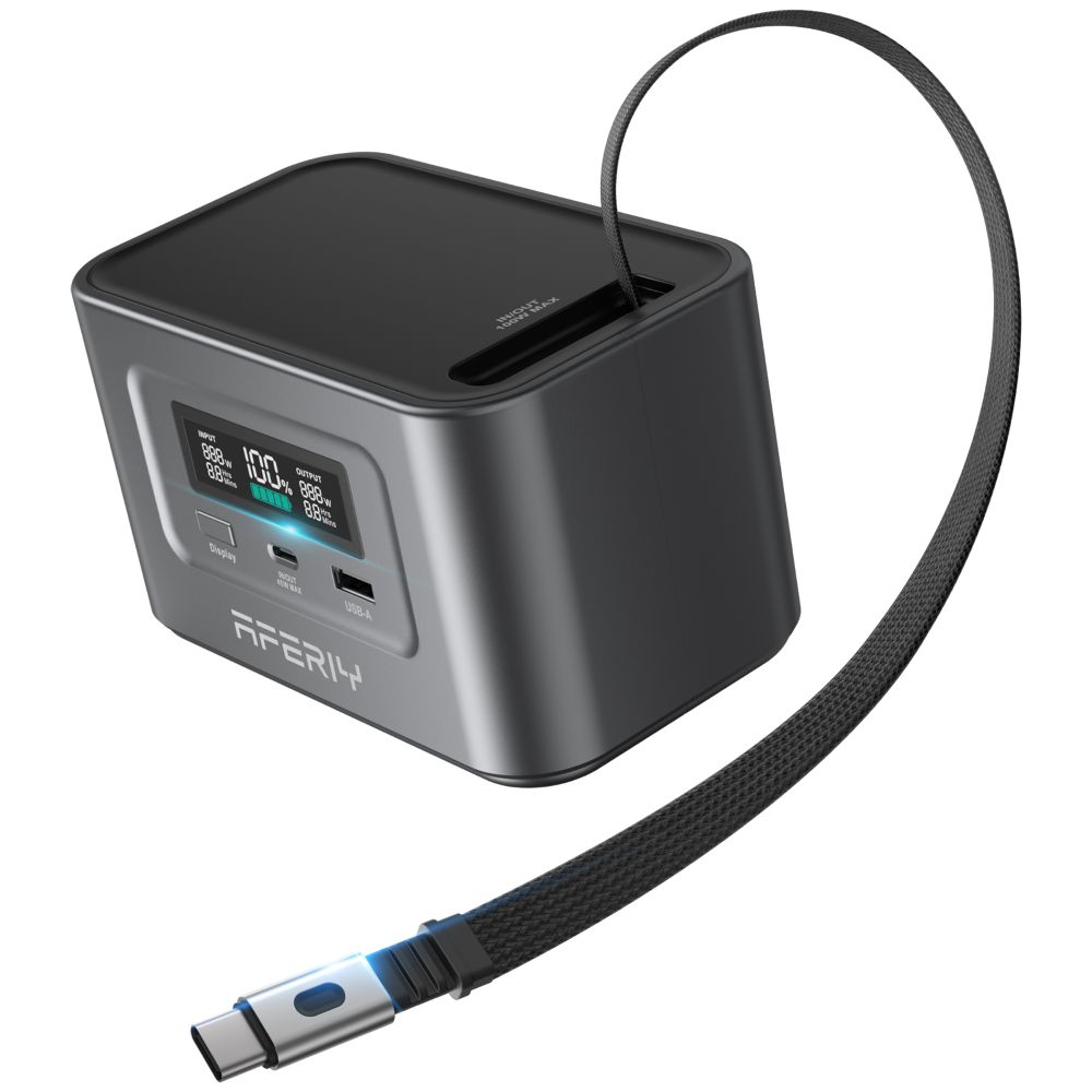 Batería externa AFERIY gris con pantalla digital, puertos USB y un cable trenzado integrado.
