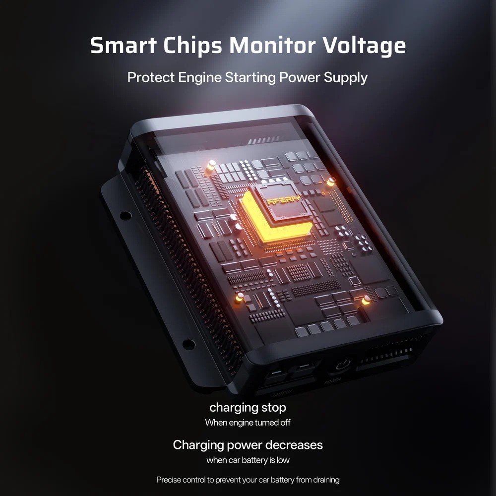 Un dispositivo tecnico con smart chip luminose e testo sulla protezione della tensione su sfondo scuro.