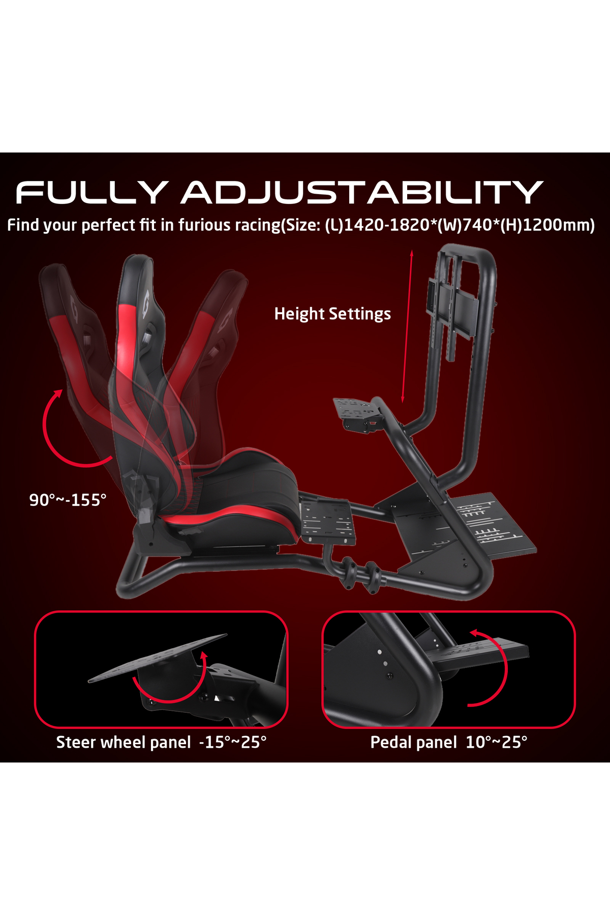 Direksiyon ve pedal panelli kırmızı ve siyah bir yarış simülatörü koltuğunun ayarlanabilirliğini gösteren şema.