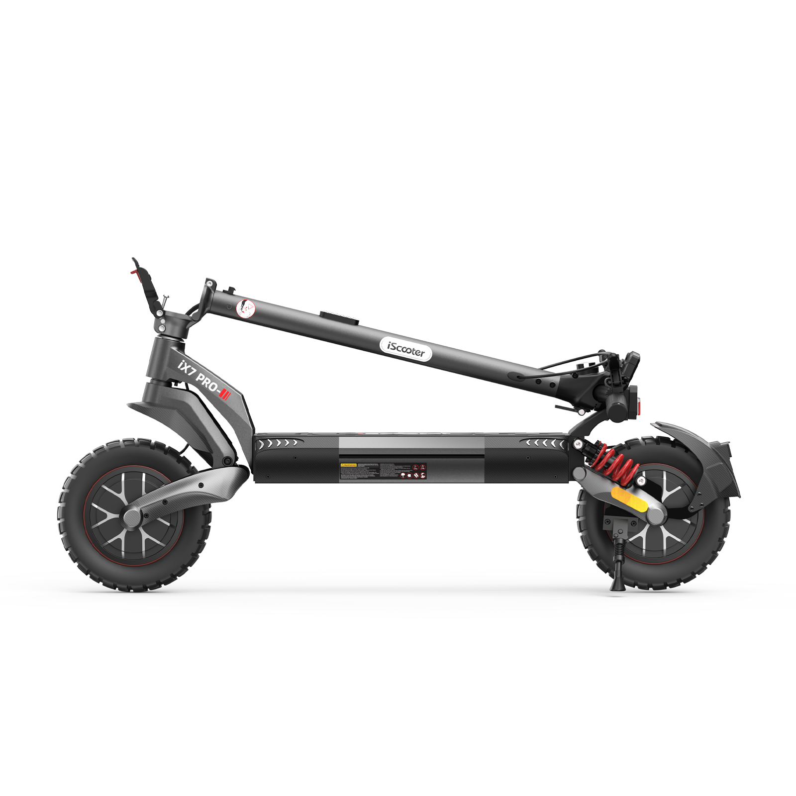Un patinete eléctrico plegable iScooter gris con neumáticos de tacos y suspensión roja sobre fondo blanco.