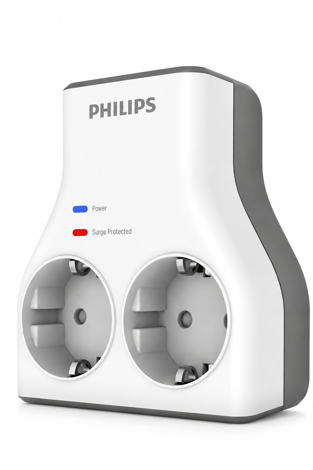 İki elektrik prizi, güç ve aşırı gerilim koruma gösterge ışıklarına sahip beyaz bir Philips duvar adaptörü.