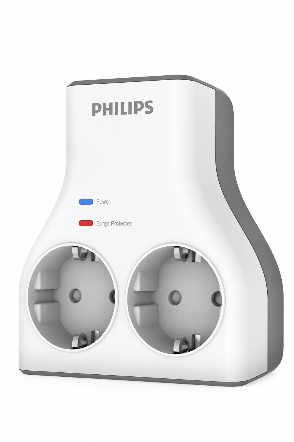 Beyaz arka planda güç ve aşırı gerilim koruma LED'li beyaz bir Philips ikili priz adaptörü.