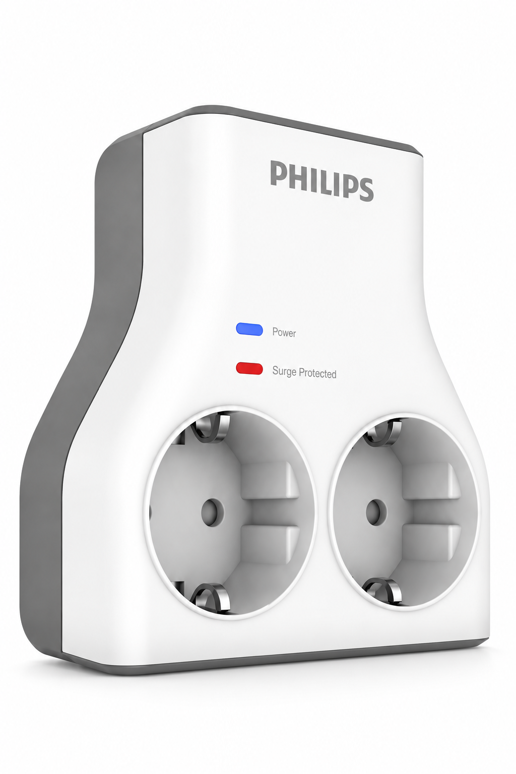 İki prizi, mavi güç ışığı ve kırmızı aşırı gerilim koruma ışığı olan beyaz bir Philips ikili priz adaptörü.