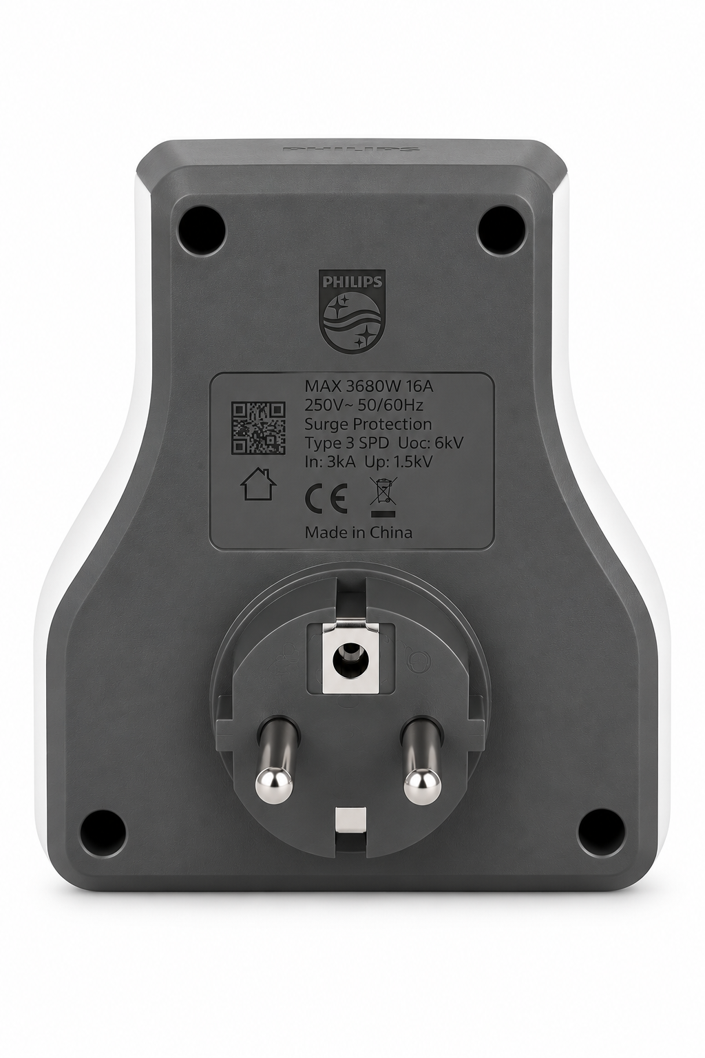 Teknik özellikler, CE işareti ve Schuko fişi gösteren gri bir Philips priz adaptörünün arkası.