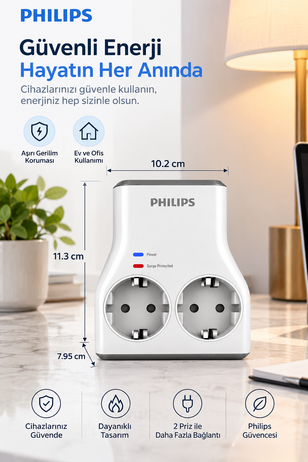 Mermer masa üzerinde iki prizi, ölçüleri ve mavi-kırmızı durum ışıkları olan beyaz bir Philips priz adaptörü.