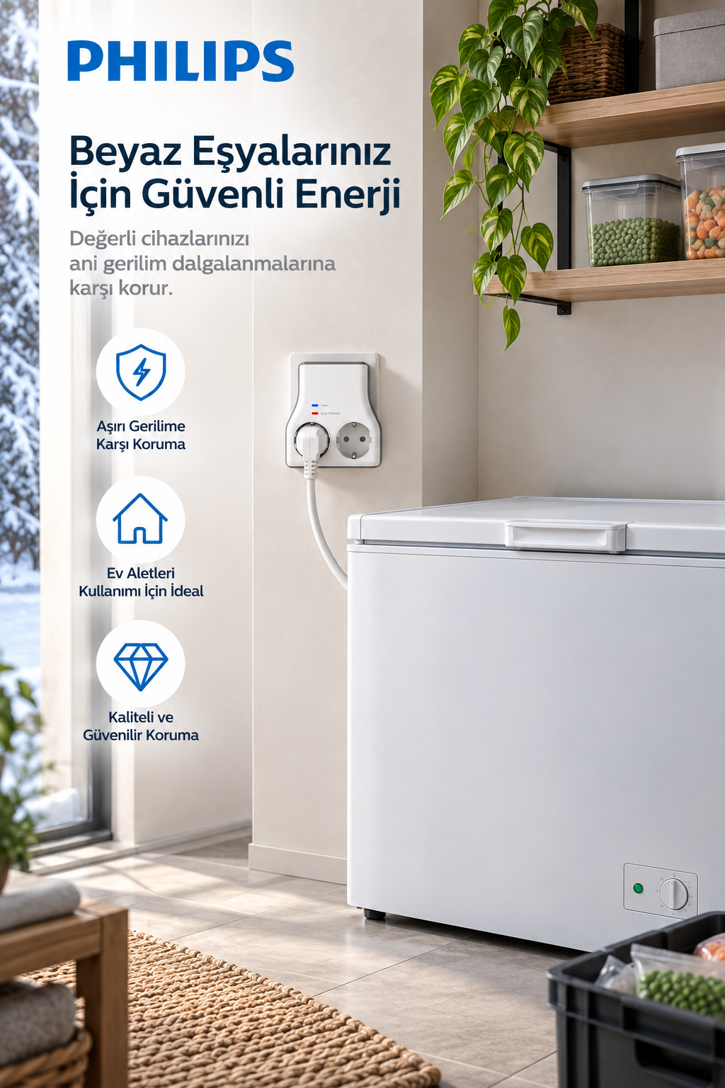 Duvar prizine takılı Philips akım koruyucu, beyaz sandık tipi dondurucuya bağlı.