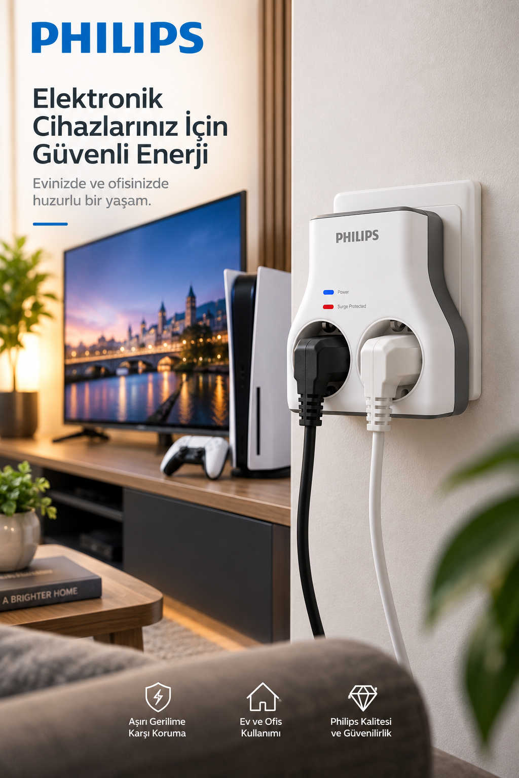 Modern bir oturma odasında duvarda iki kablonun takılı olduğu beyaz bir Philips priz adaptörü.